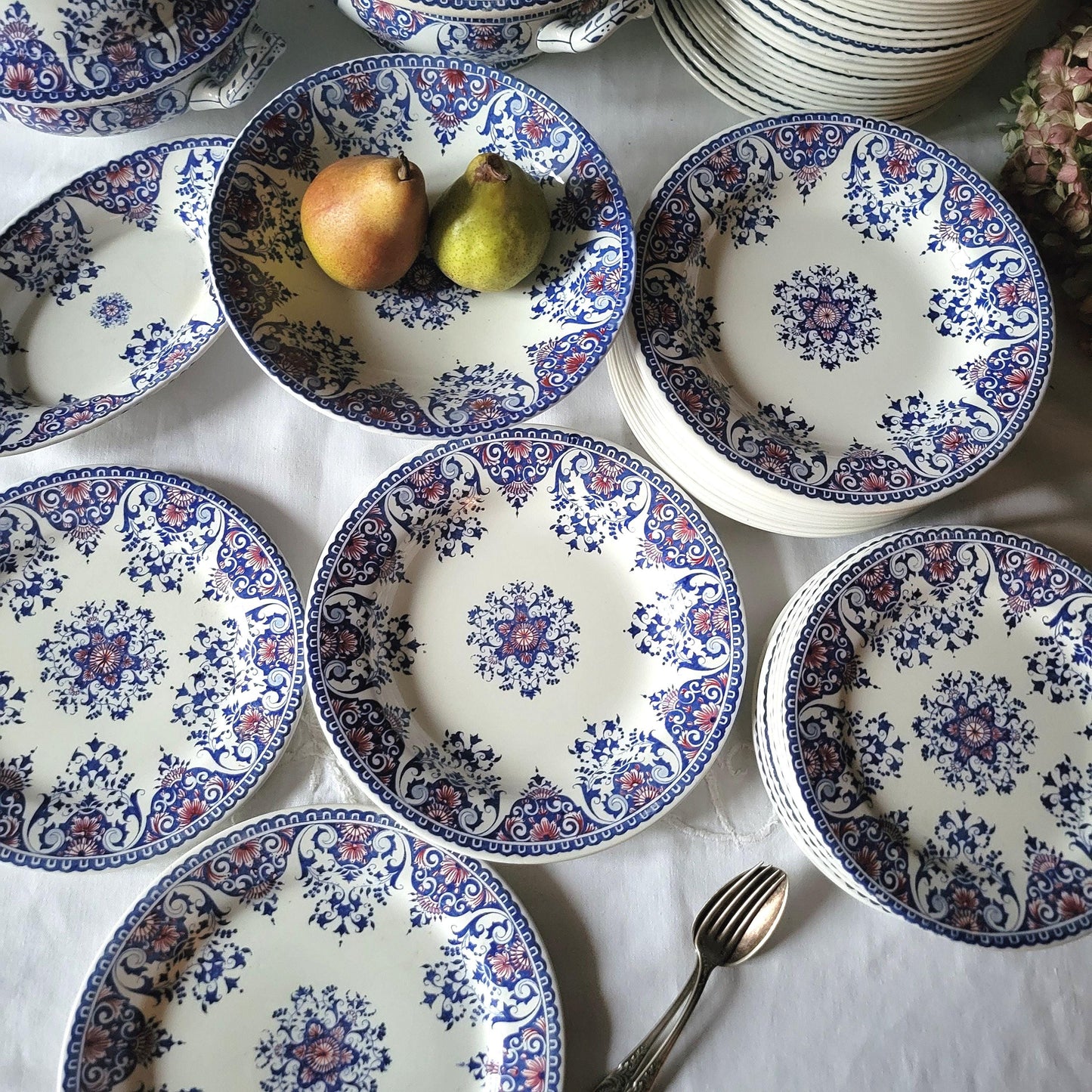 Vintage Gien Dinner Service, 62 pc Blue Red Transferware, France