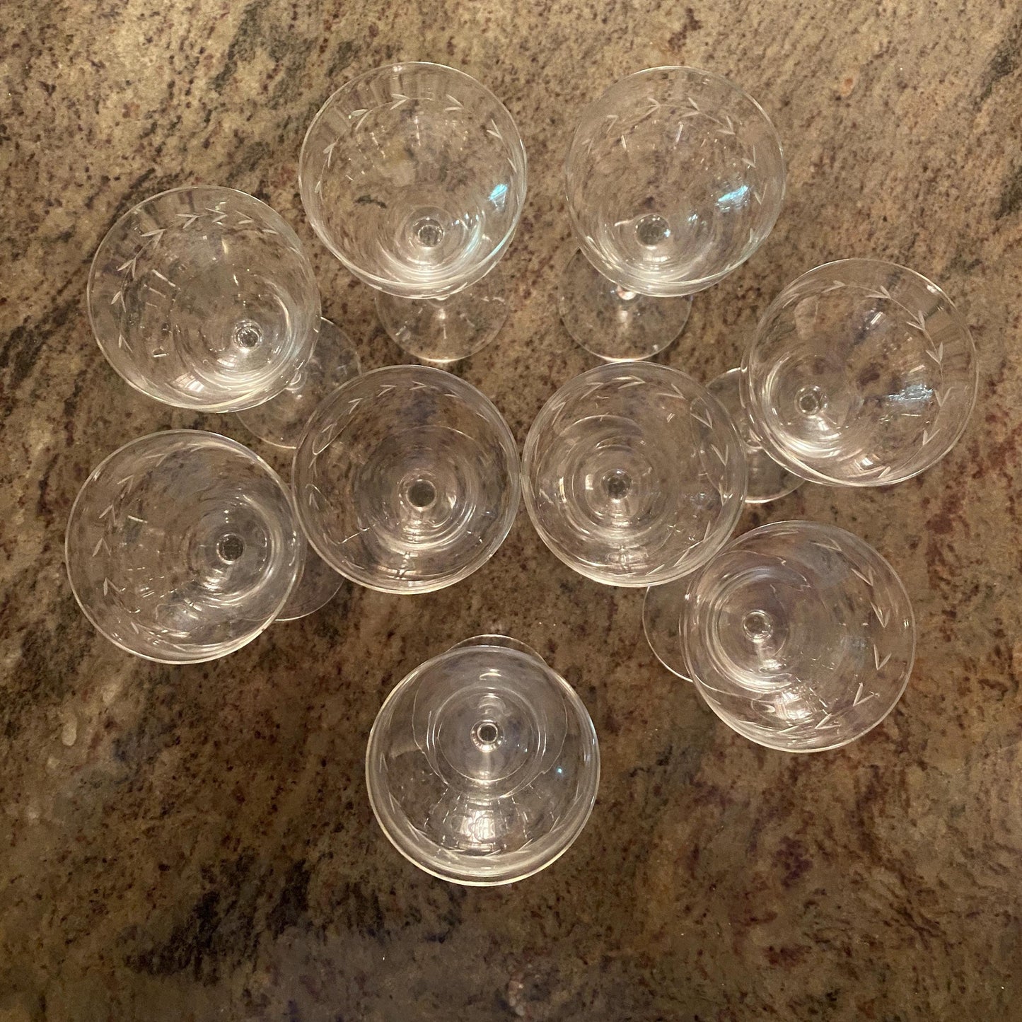Set of 10 (9+1 free) French wine glasses, stemmed glasses for wine, engraved cut crystal c1920-1940