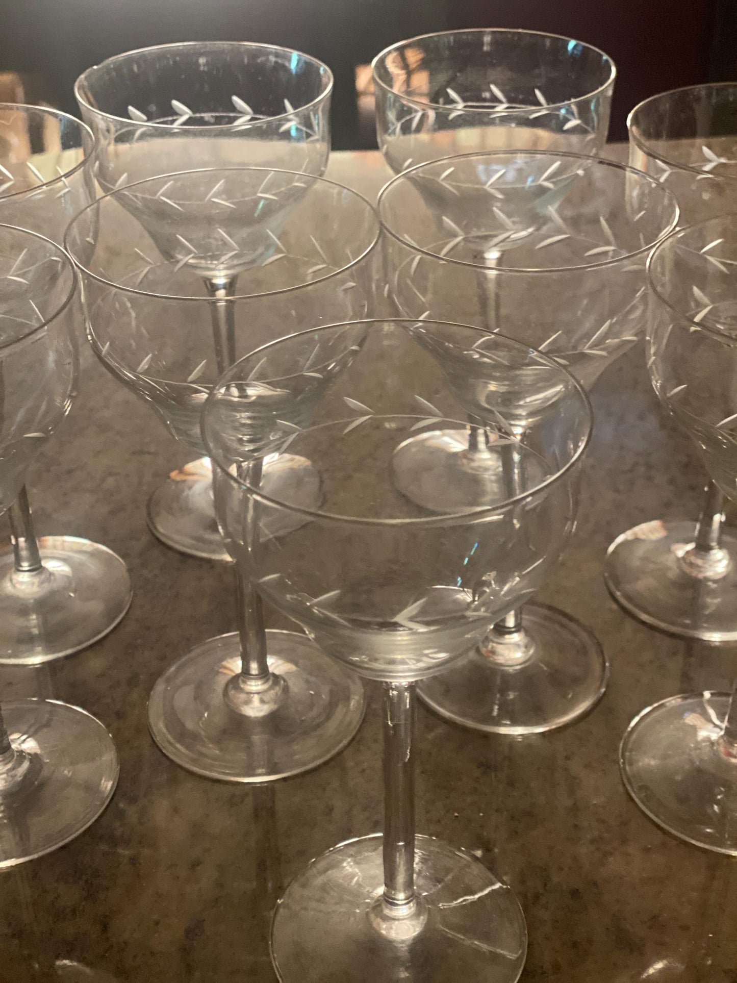Set of 10 (9+1 free) French wine glasses, stemmed glasses for wine, engraved cut crystal c1920-1940