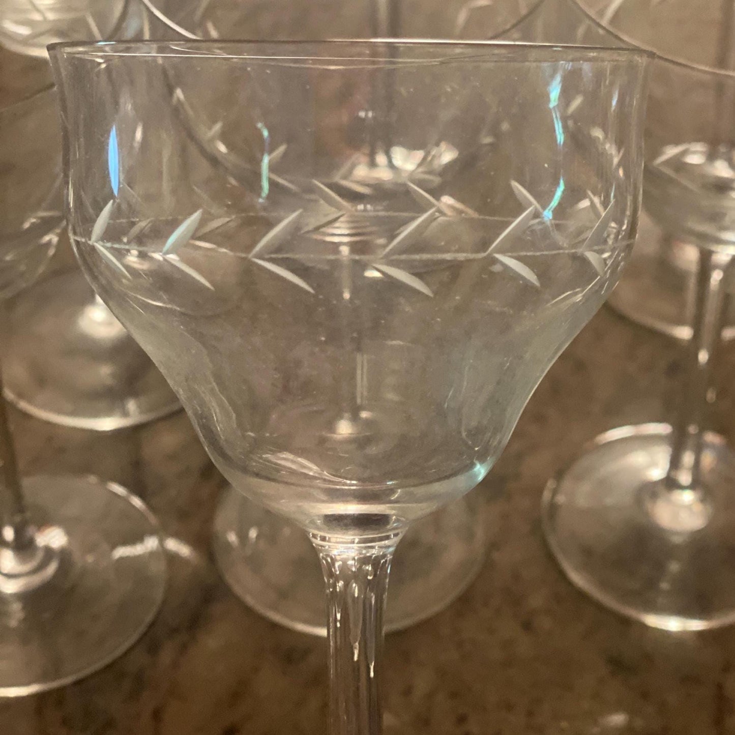 Set of 10 (9+1 free) French wine glasses, stemmed glasses for wine, engraved cut crystal c1920-1940