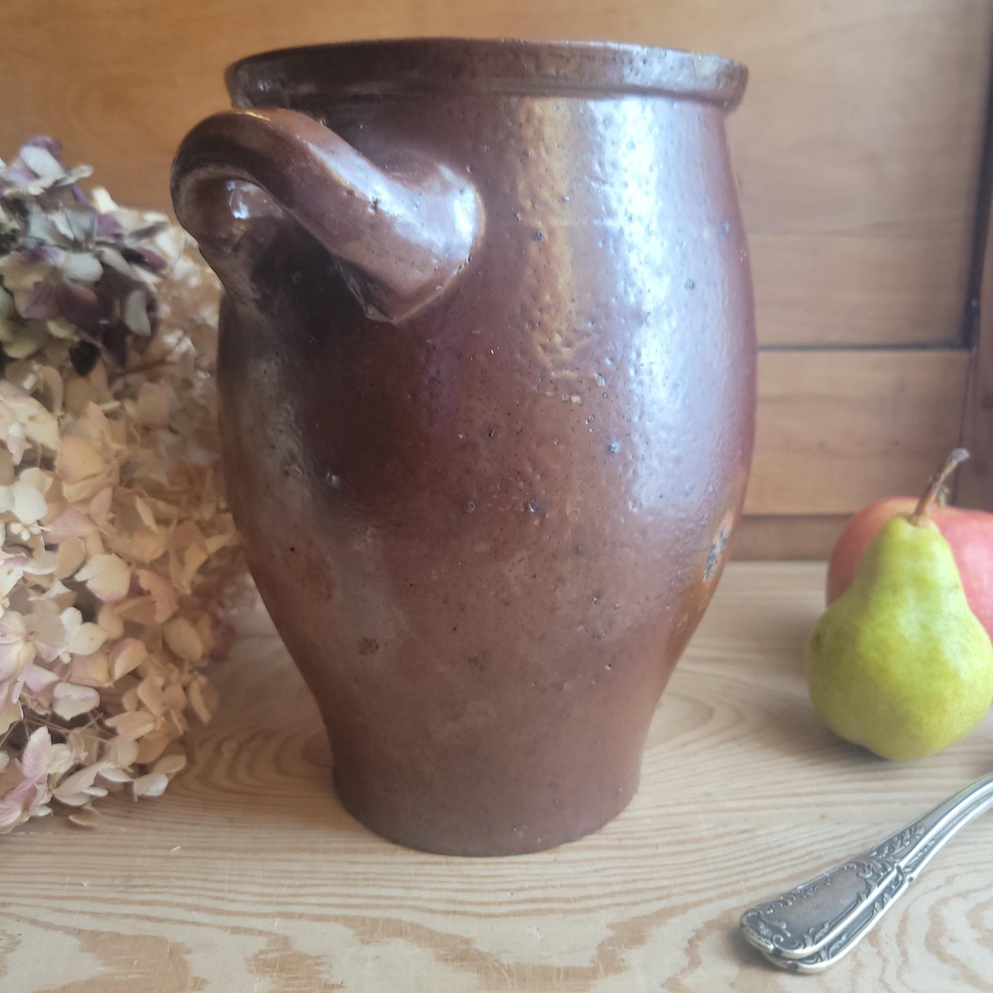 Vintage French salt or Confit Pot - richly glazed handled stoneware, chocolate brown, early to mid 1900s