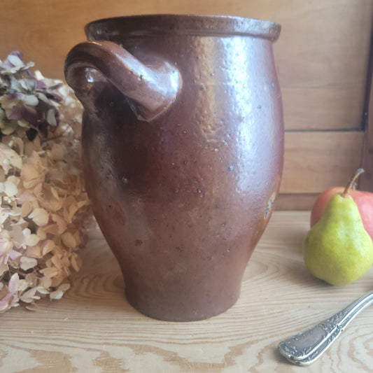 Vintage French salt or Confit Pot - richly glazed handled stoneware, chocolate brown, early to mid 1900s