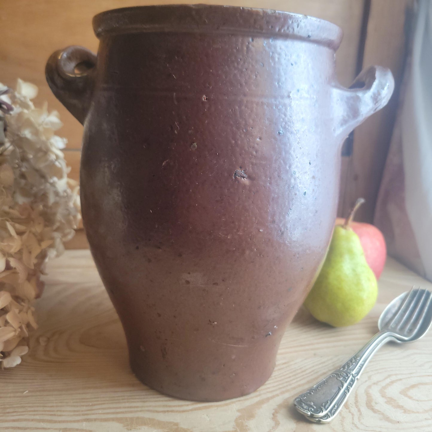 Vintage French salt or Confit Pot - richly glazed handled stoneware, chocolate brown, early to mid 1900s