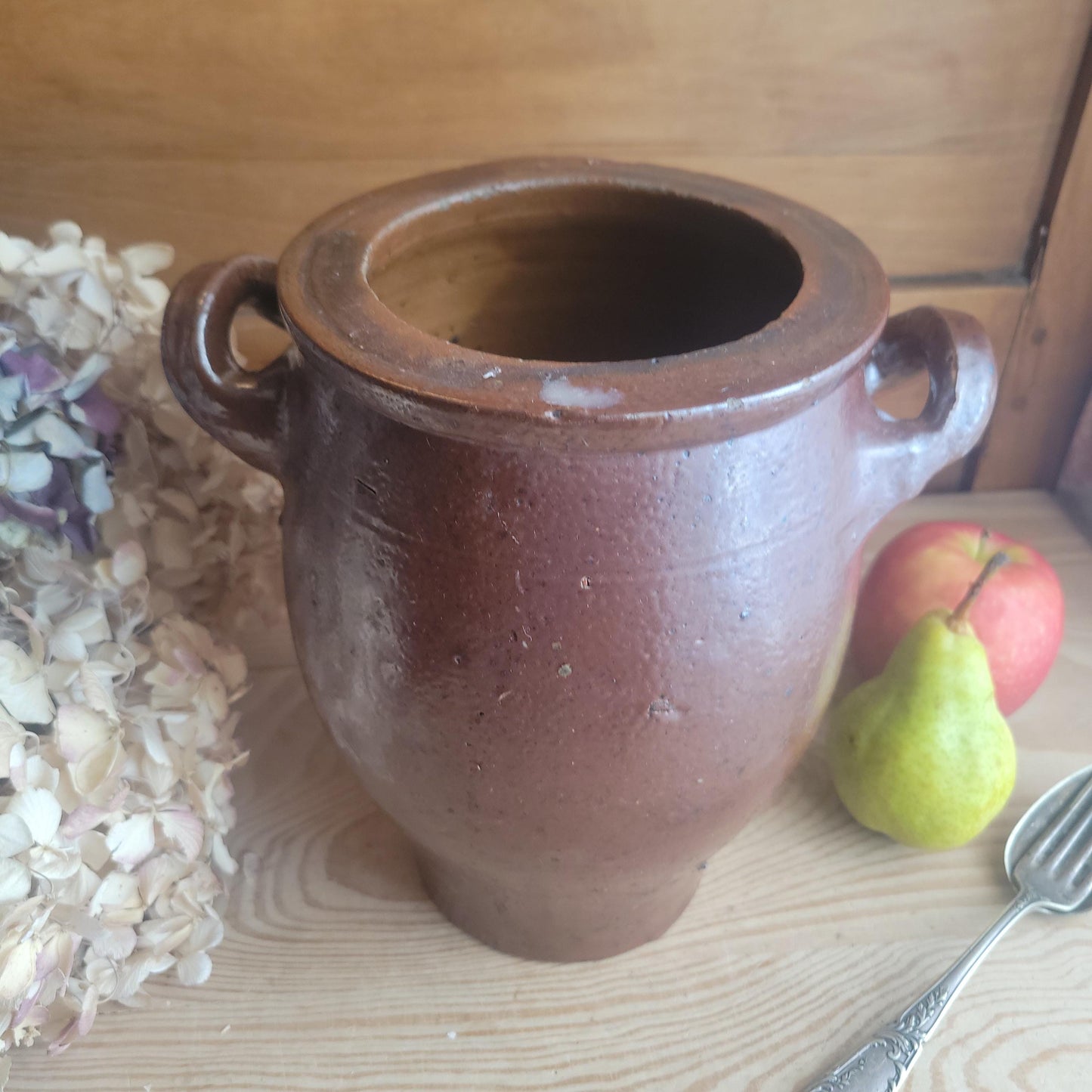 Vintage French salt or Confit Pot - richly glazed handled stoneware, chocolate brown, early to mid 1900s