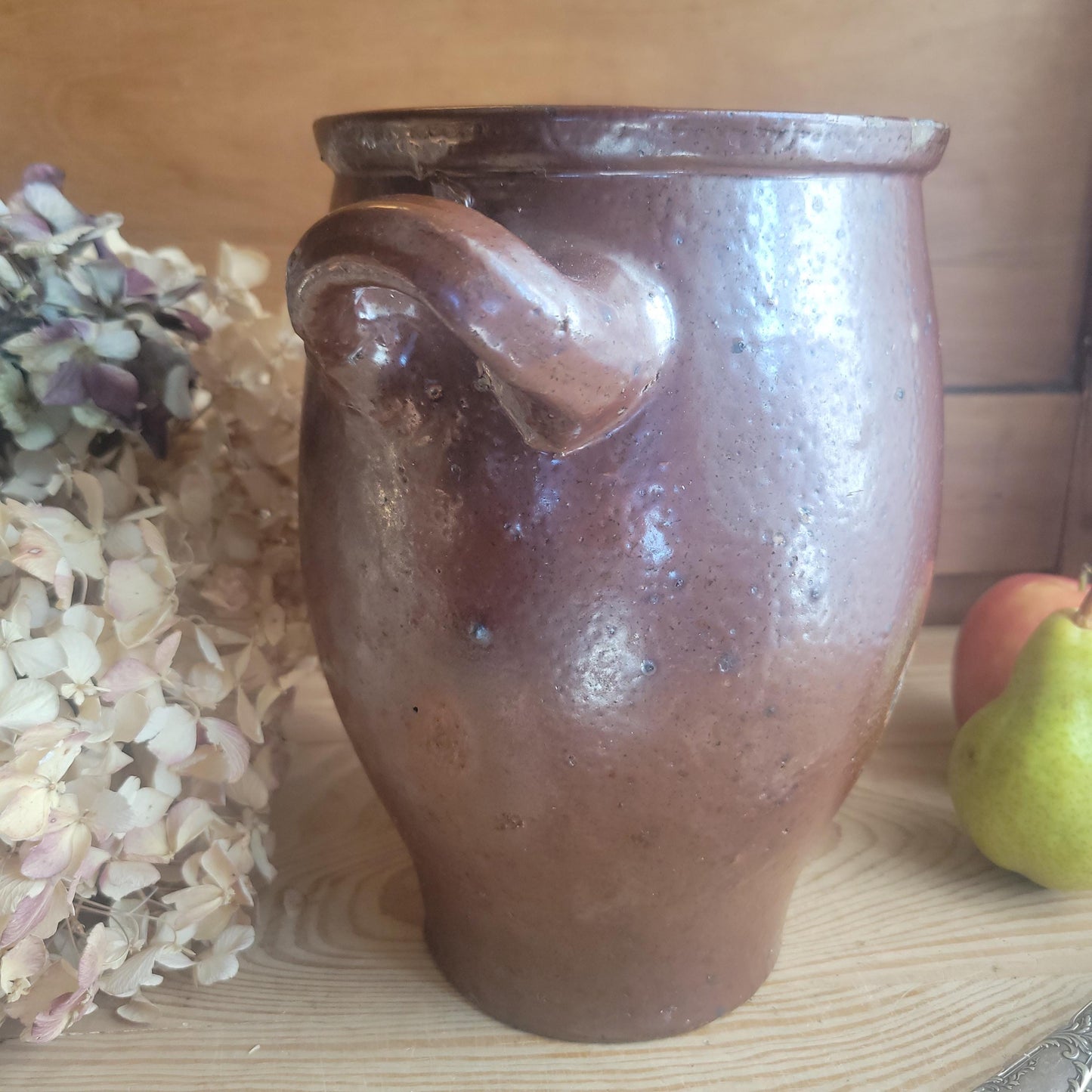 Vintage French salt or Confit Pot - richly glazed handled stoneware, chocolate brown, early to mid 1900s
