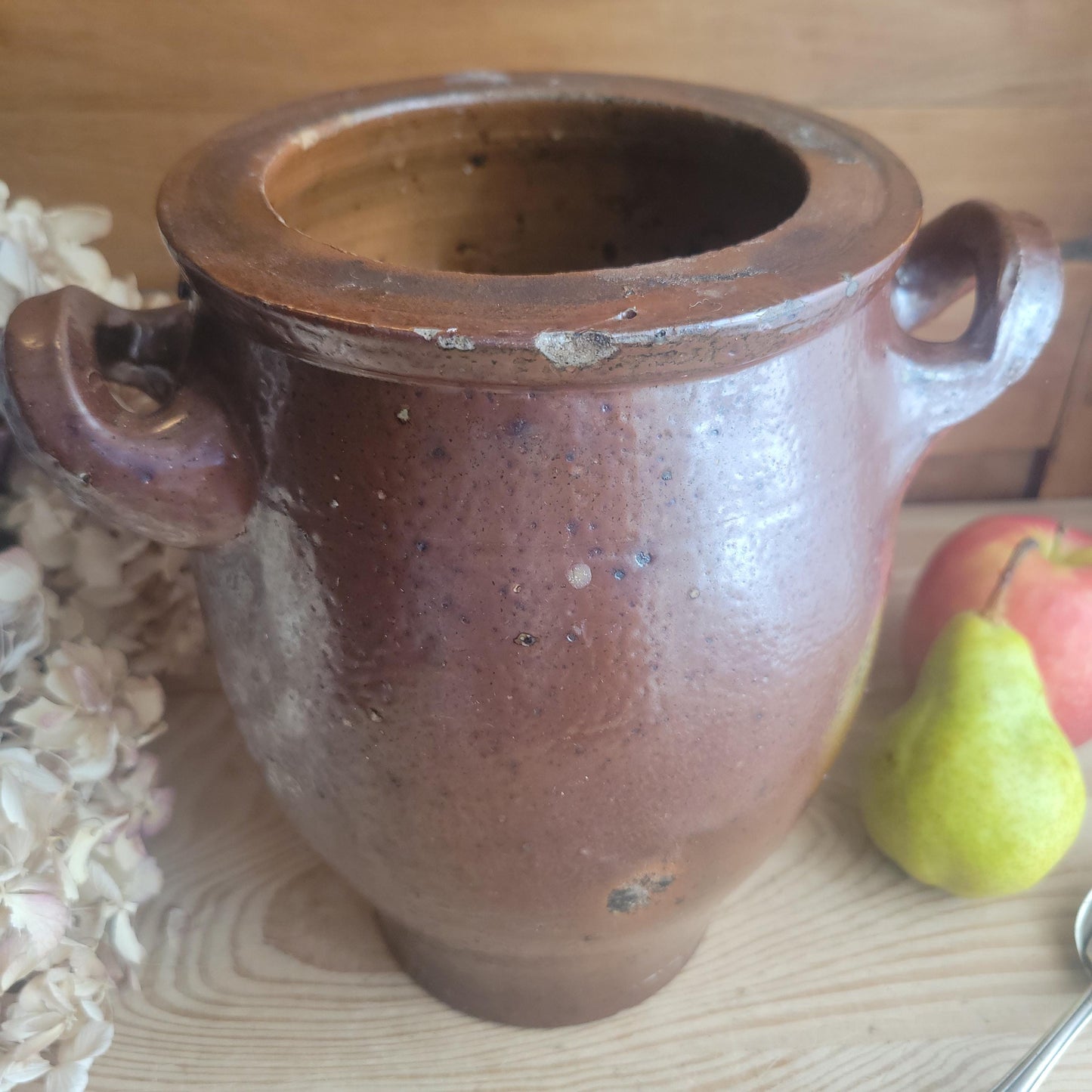 Vintage French salt or Confit Pot - richly glazed handled stoneware, chocolate brown, early to mid 1900s