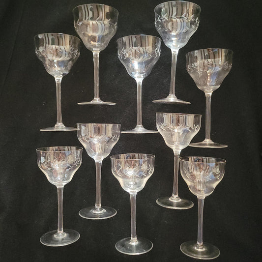 Set of 10 (9+1 free) French wine glasses, stemmed glasses for wine, engraved cut crystal c1920-1940