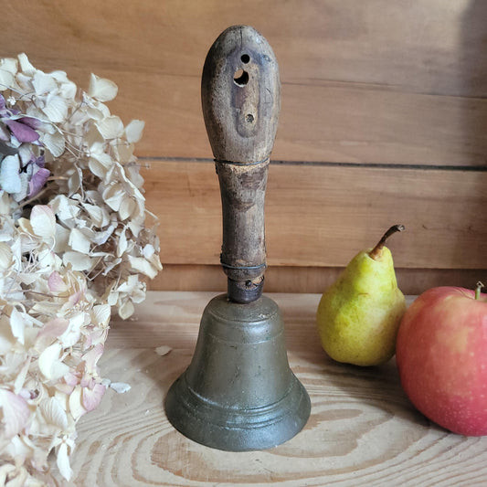 Antique Brass Hand Bell with Repaired Wooden Handle, France c.1870