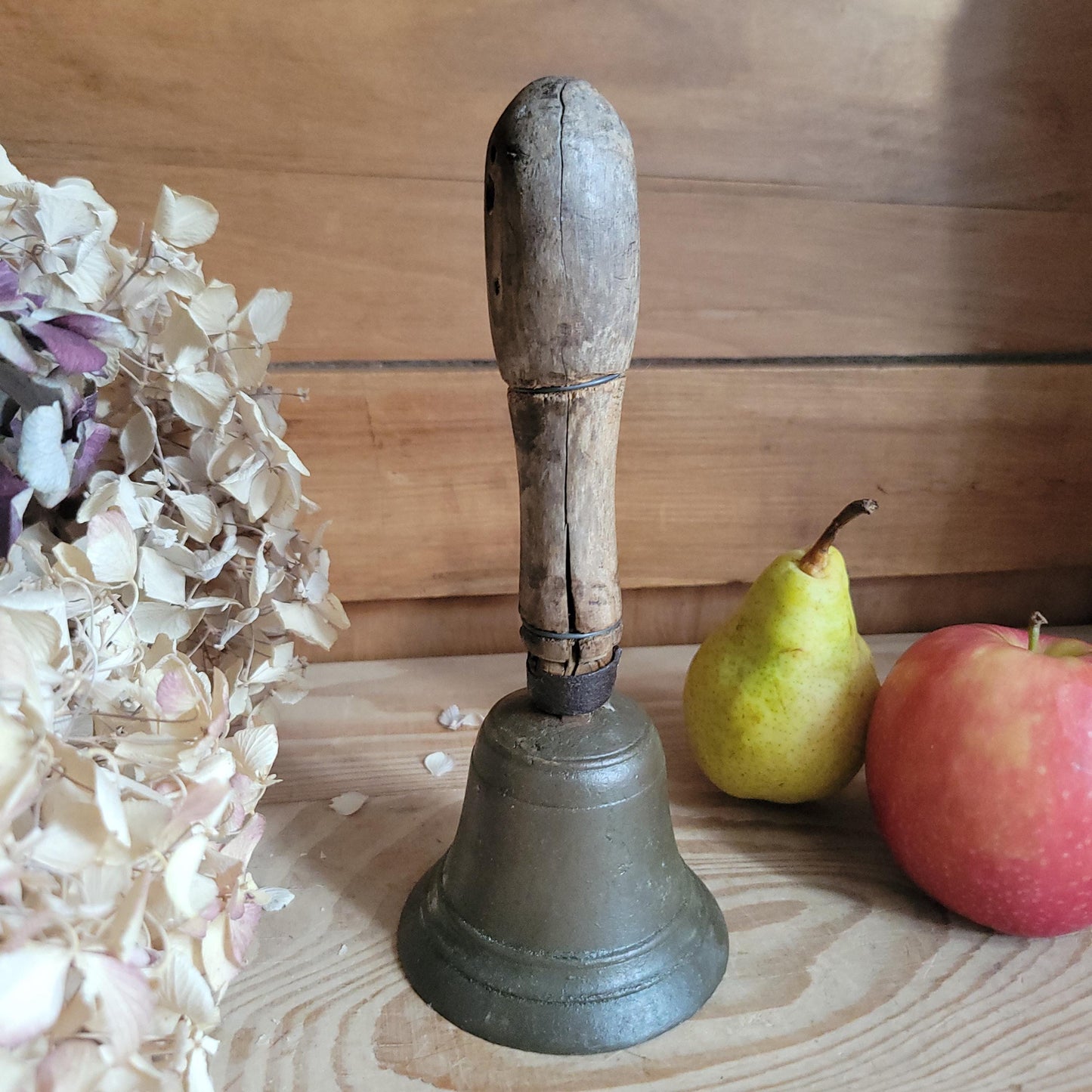 Antique Brass Hand Bell with Repaired Wooden Handle, France c.1870