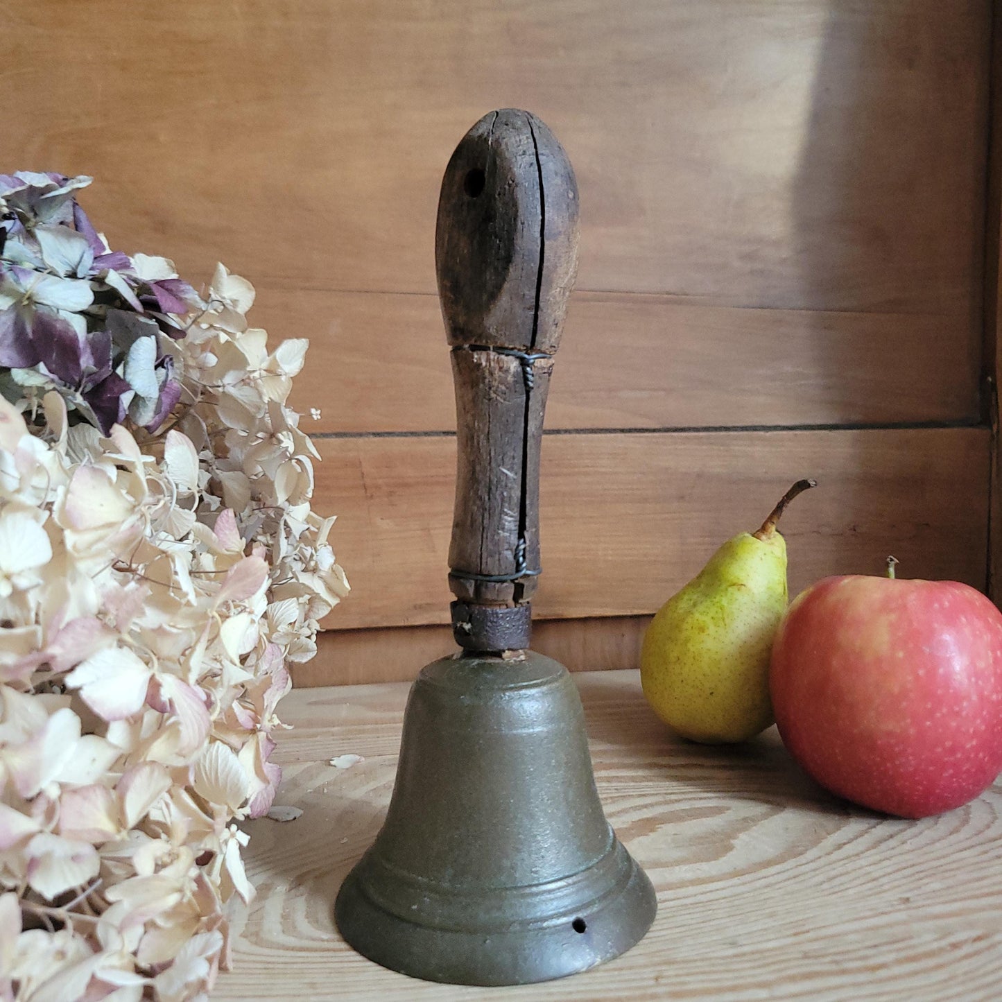 Antique Brass Hand Bell with Repaired Wooden Handle, France c.1870