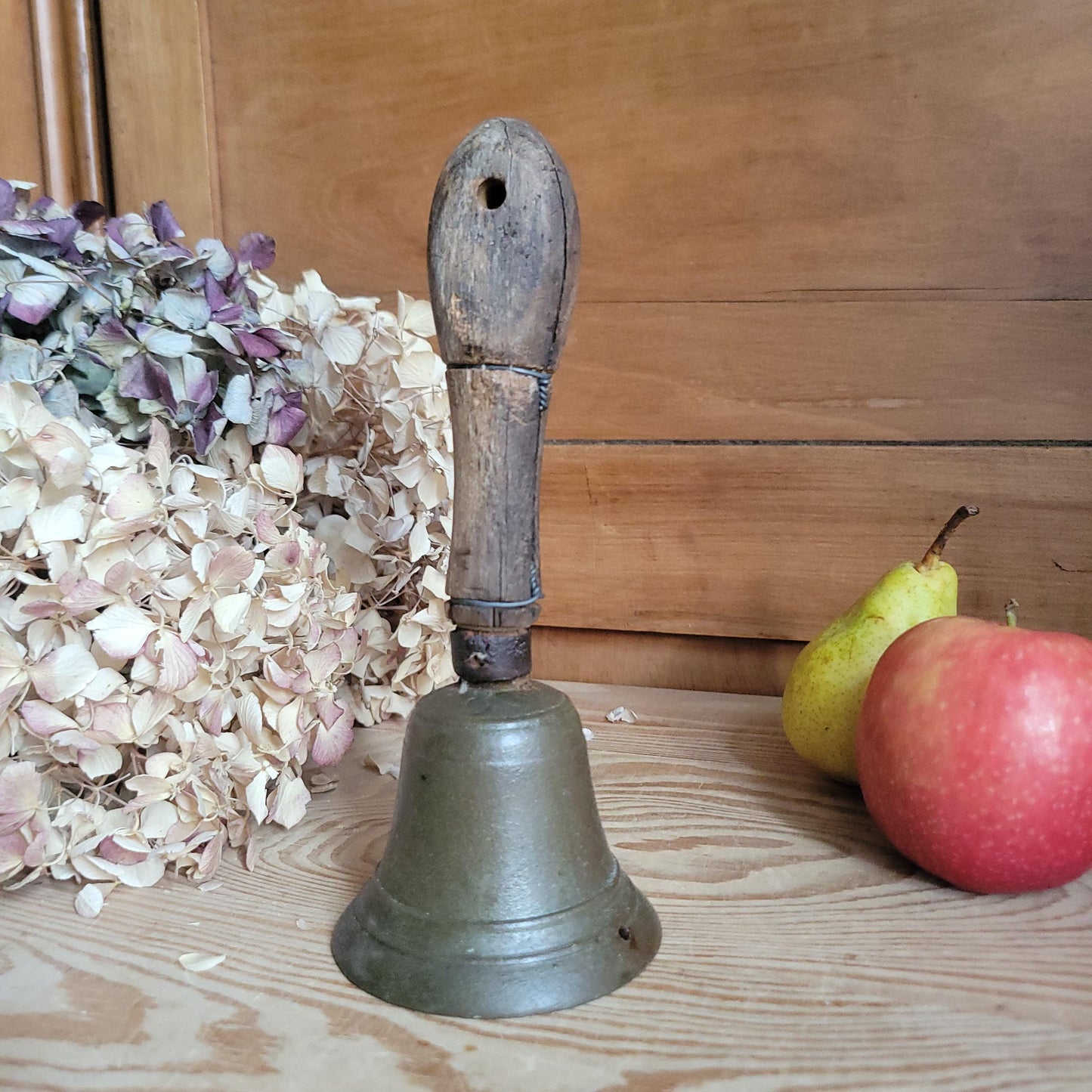 Antique Brass Hand Bell with Repaired Wooden Handle, France c.1870