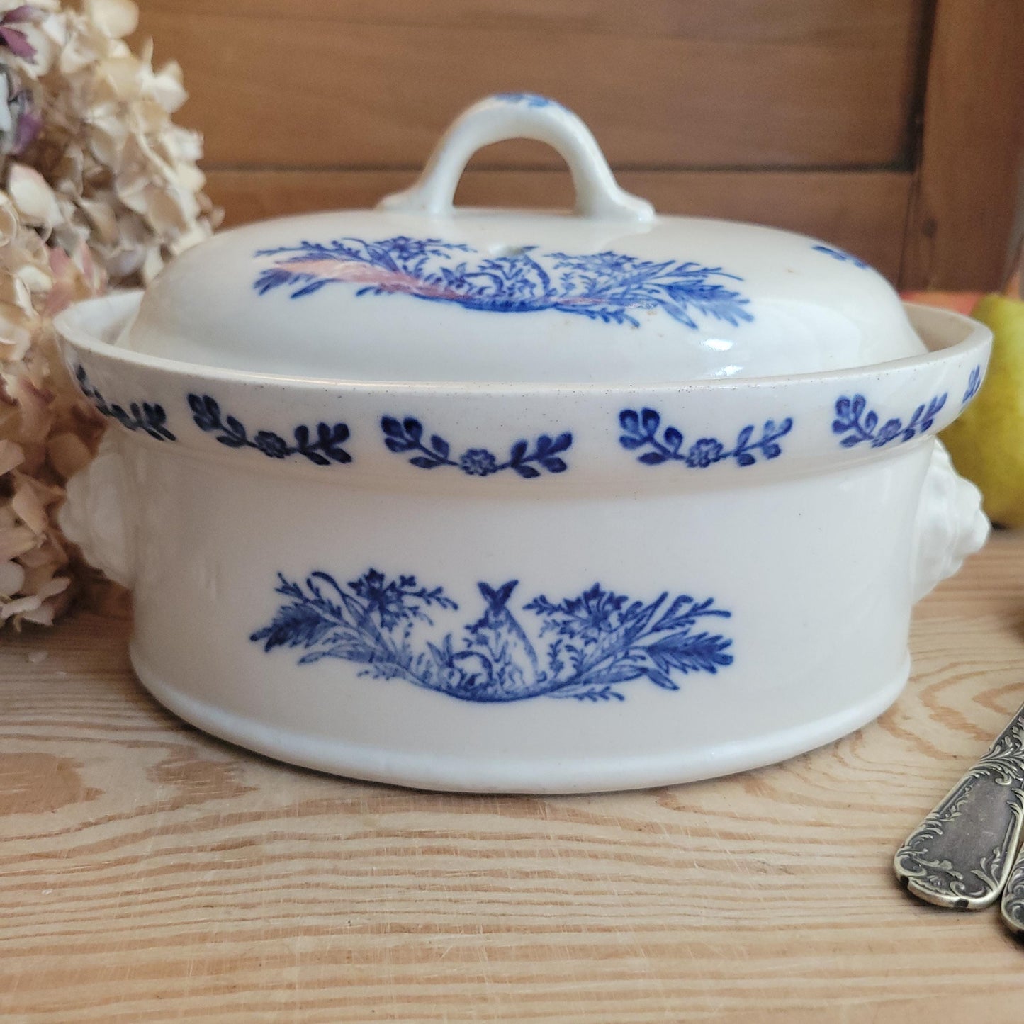 Large St Uze lidded terrine dish with Blue Floral & rabbit decoration, France c.1900
