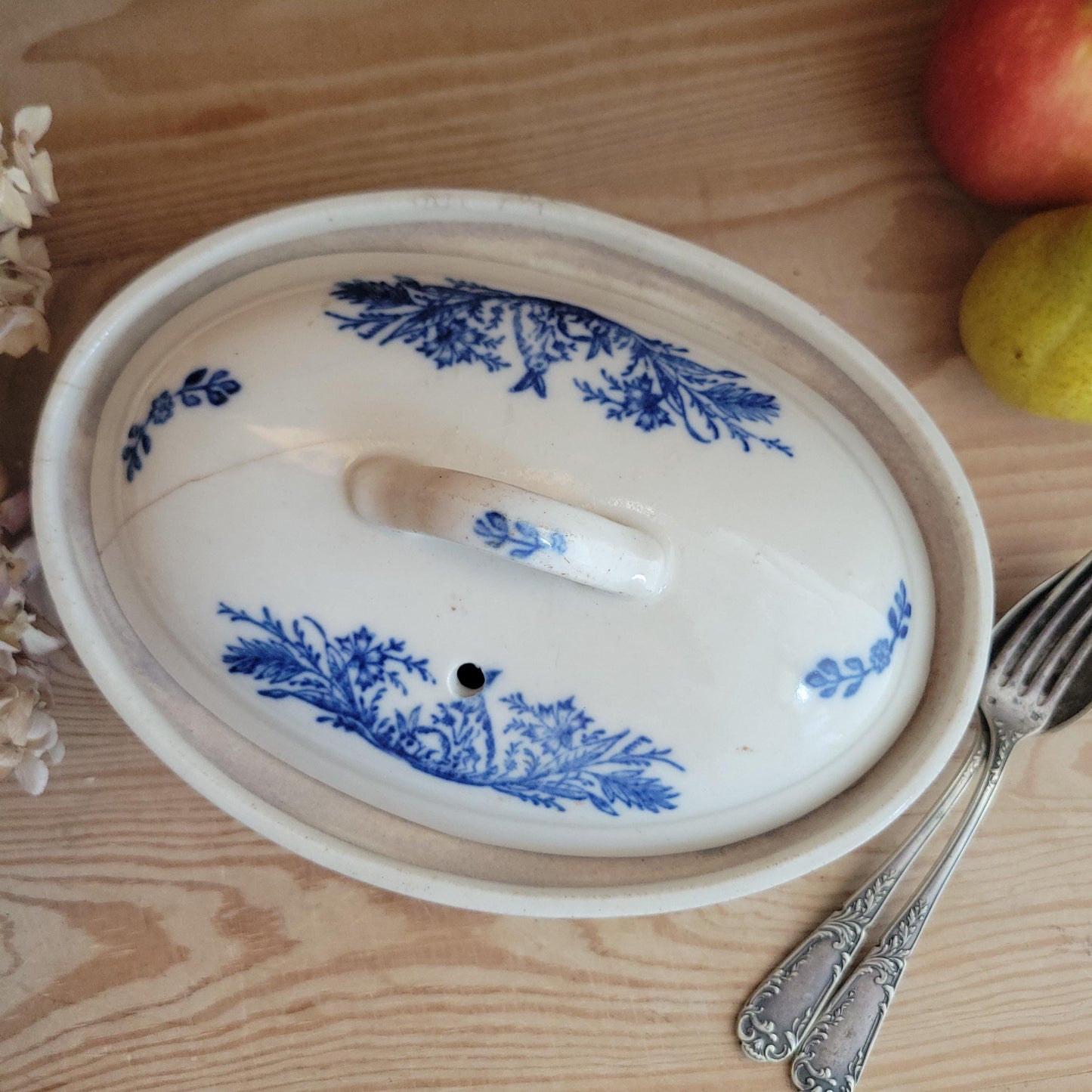 Large St Uze lidded terrine dish with Blue Floral & rabbit decoration, France c.1900