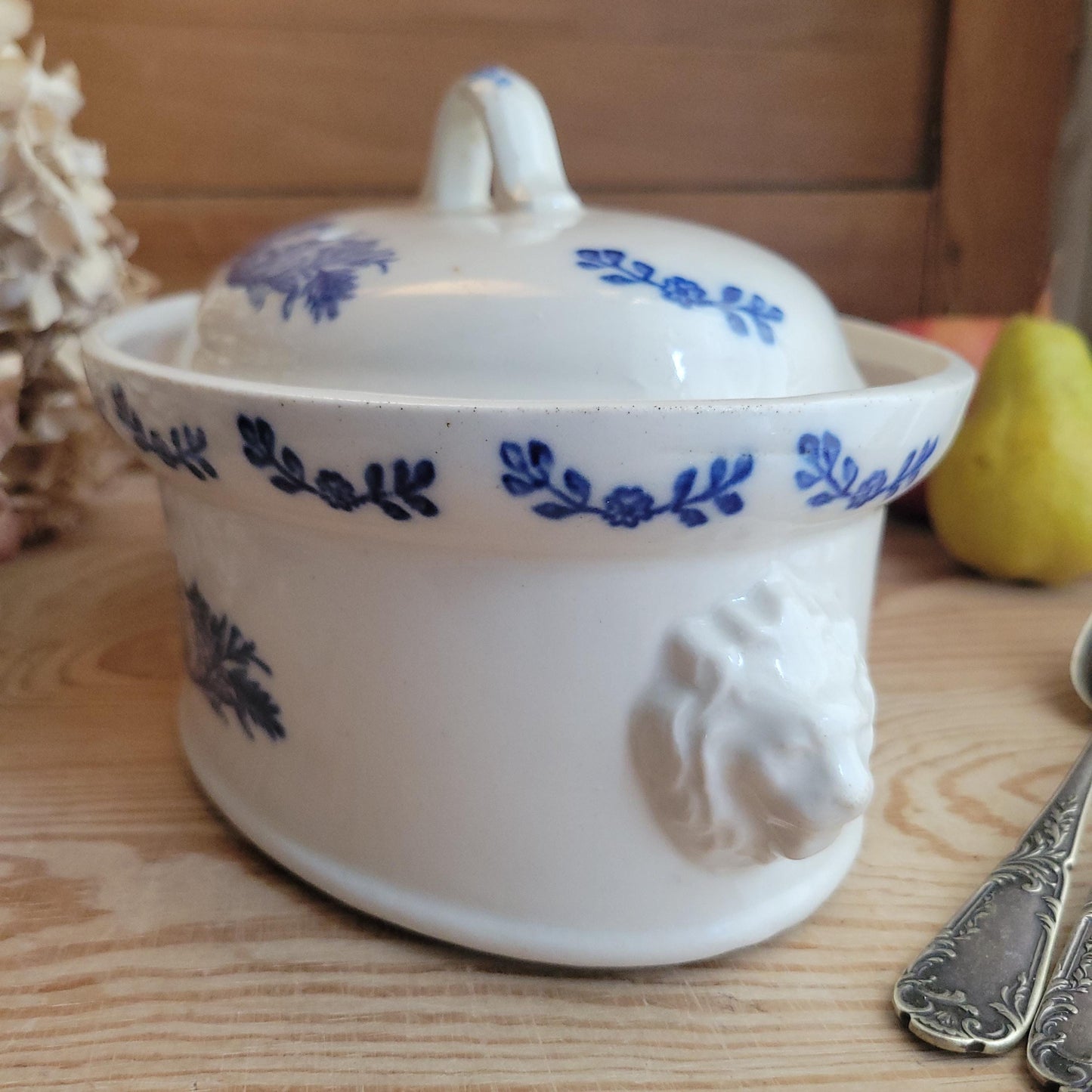 Large St Uze lidded terrine dish with Blue Floral & rabbit decoration, France c.1900