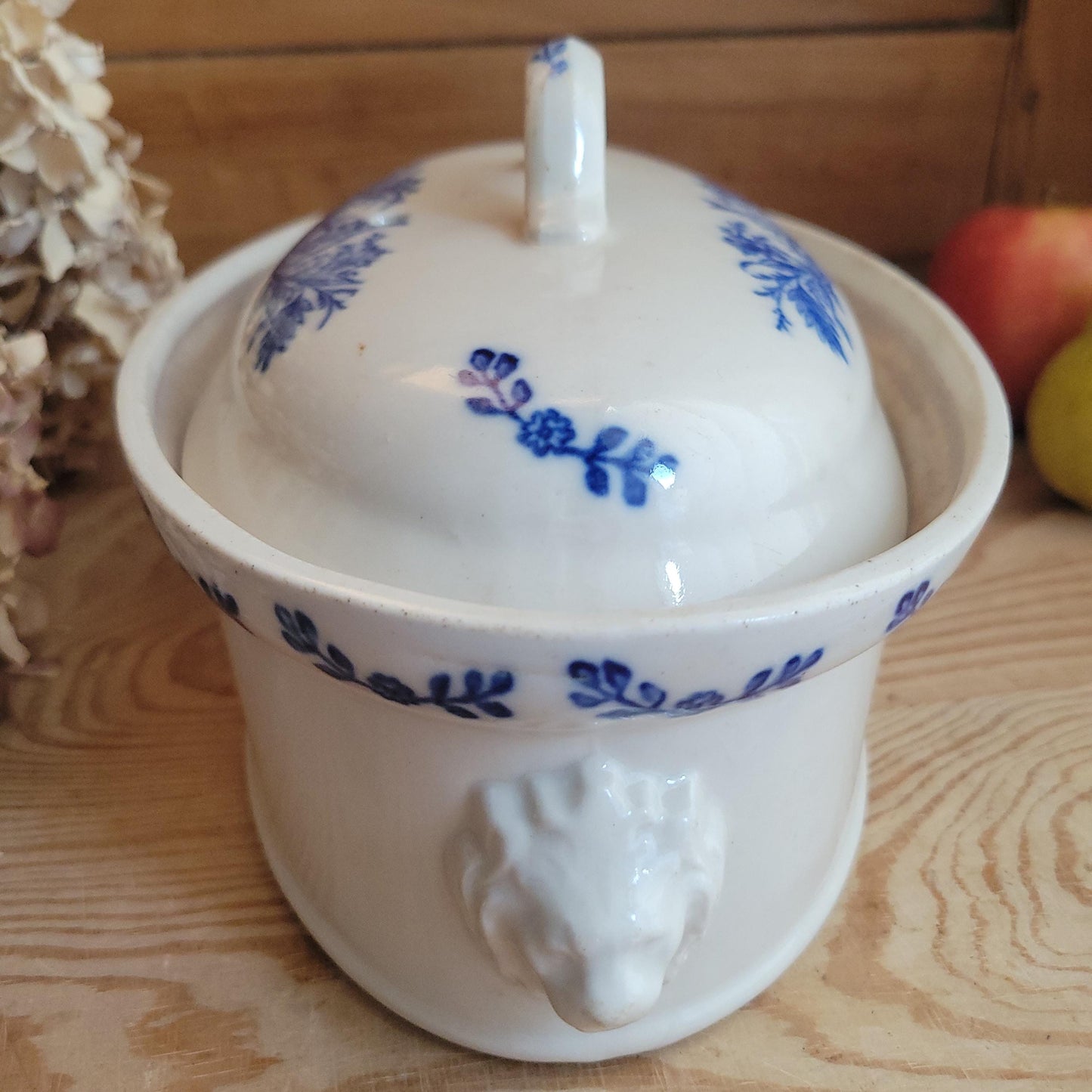 Large St Uze lidded terrine dish with Blue Floral & rabbit decoration, France c.1900