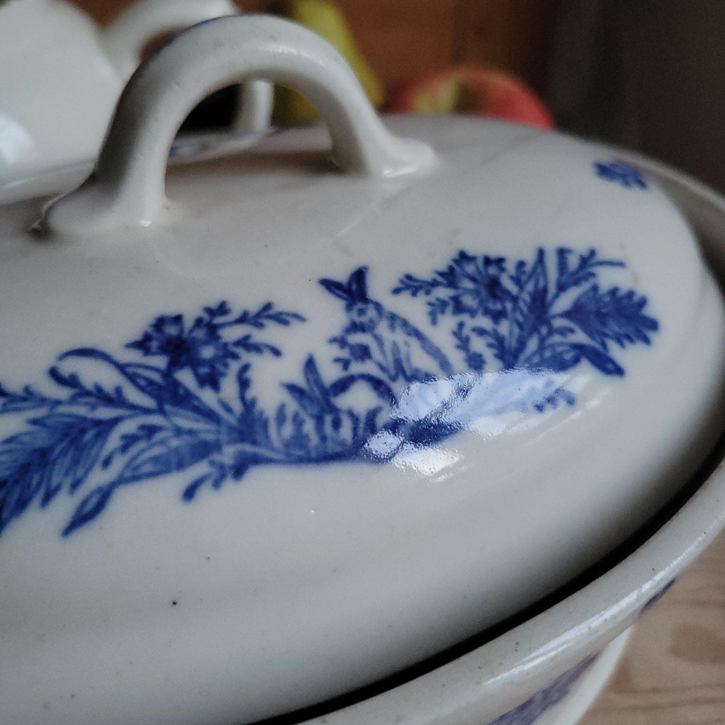 Large St Uze lidded terrine dish with Blue Floral & rabbit decoration, France c.1900
