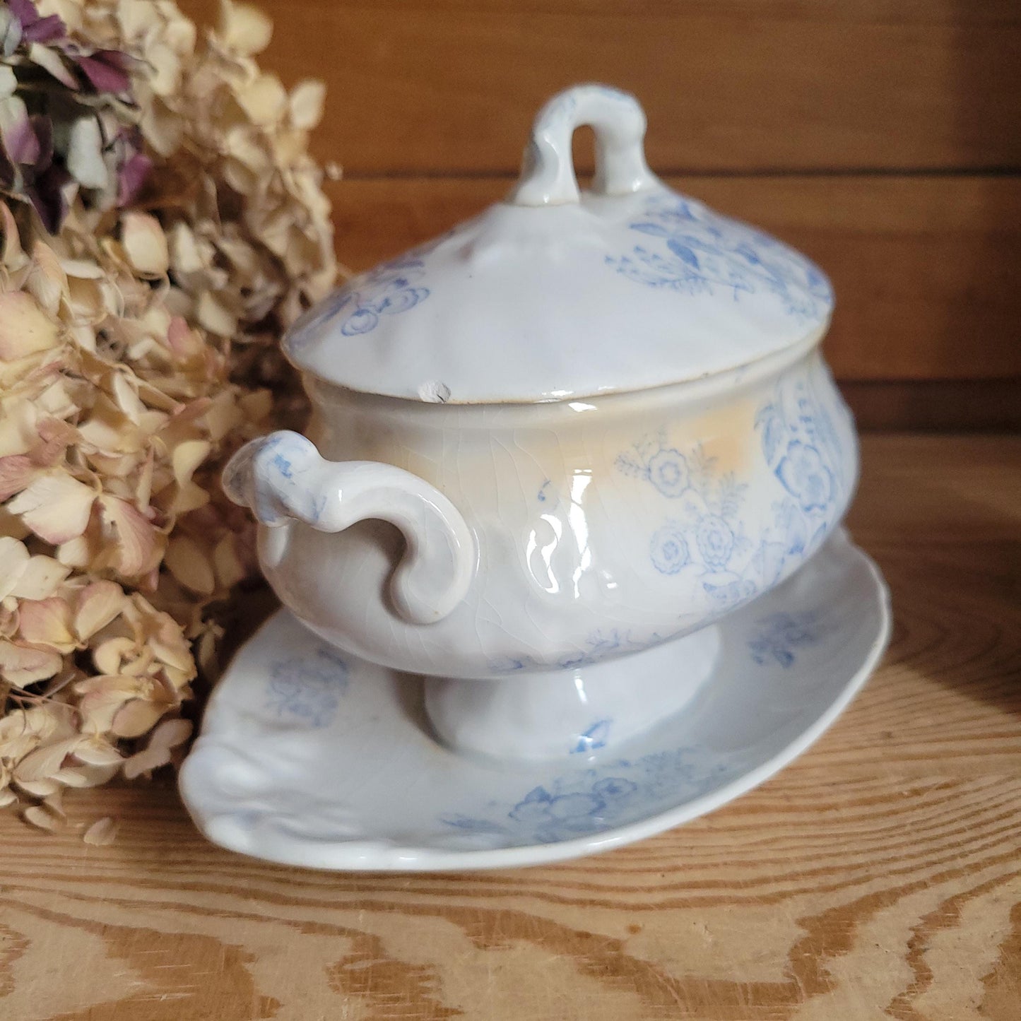 Antique Lilac Blue Transferware Saucier with Lid and Stand, France c.1890