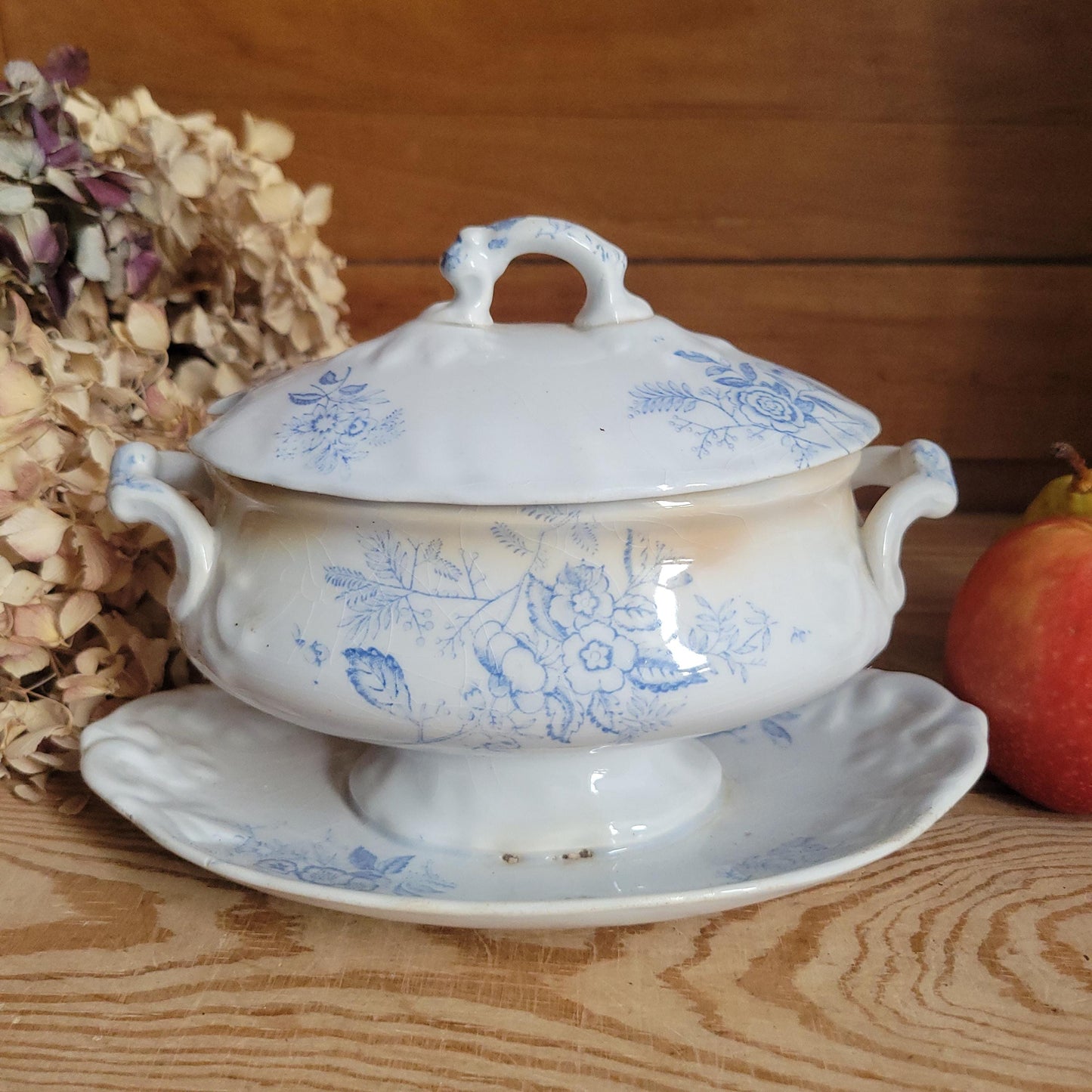 Antique Lilac Blue Transferware Saucier with Lid and Stand, France c.1890