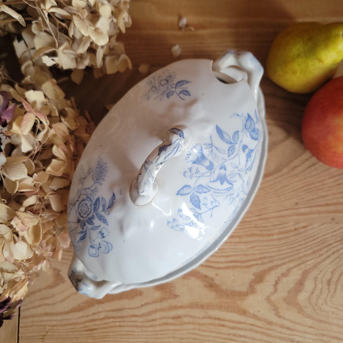 Antique Lilac Blue Transferware Saucier with Lid and Stand, France c.1890