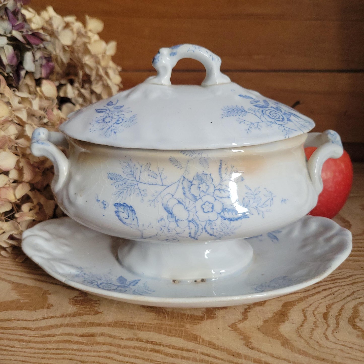 Antique Lilac Blue Transferware Saucier with Lid and Stand, France c.1890