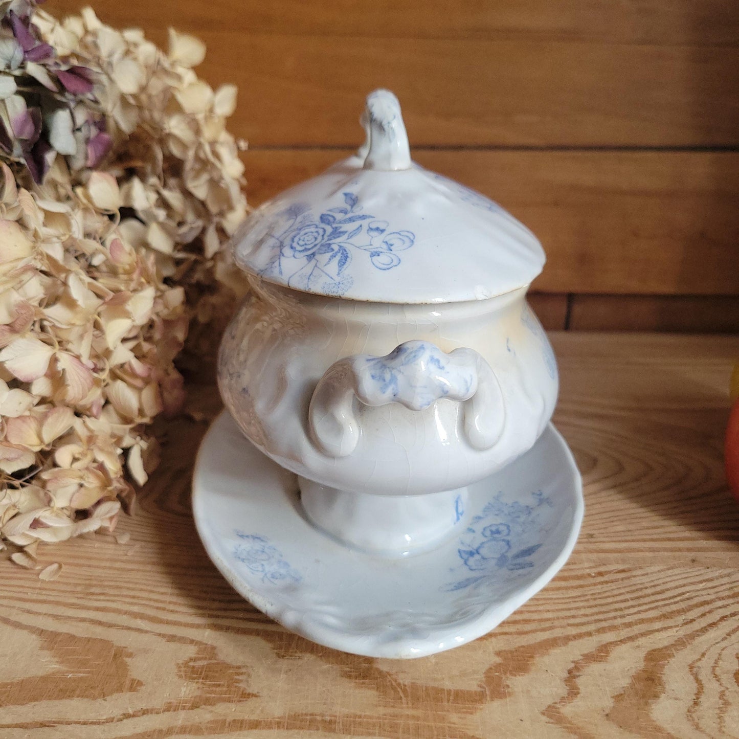 Antique Lilac Blue Transferware Saucier with Lid and Stand, France c.1890