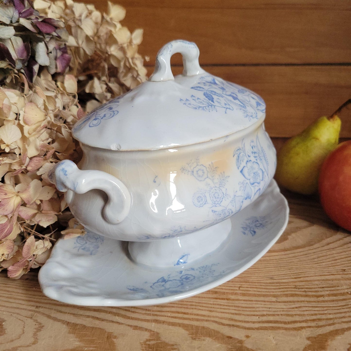 Antique Lilac Blue Transferware Saucier with Lid and Stand, France c.1890