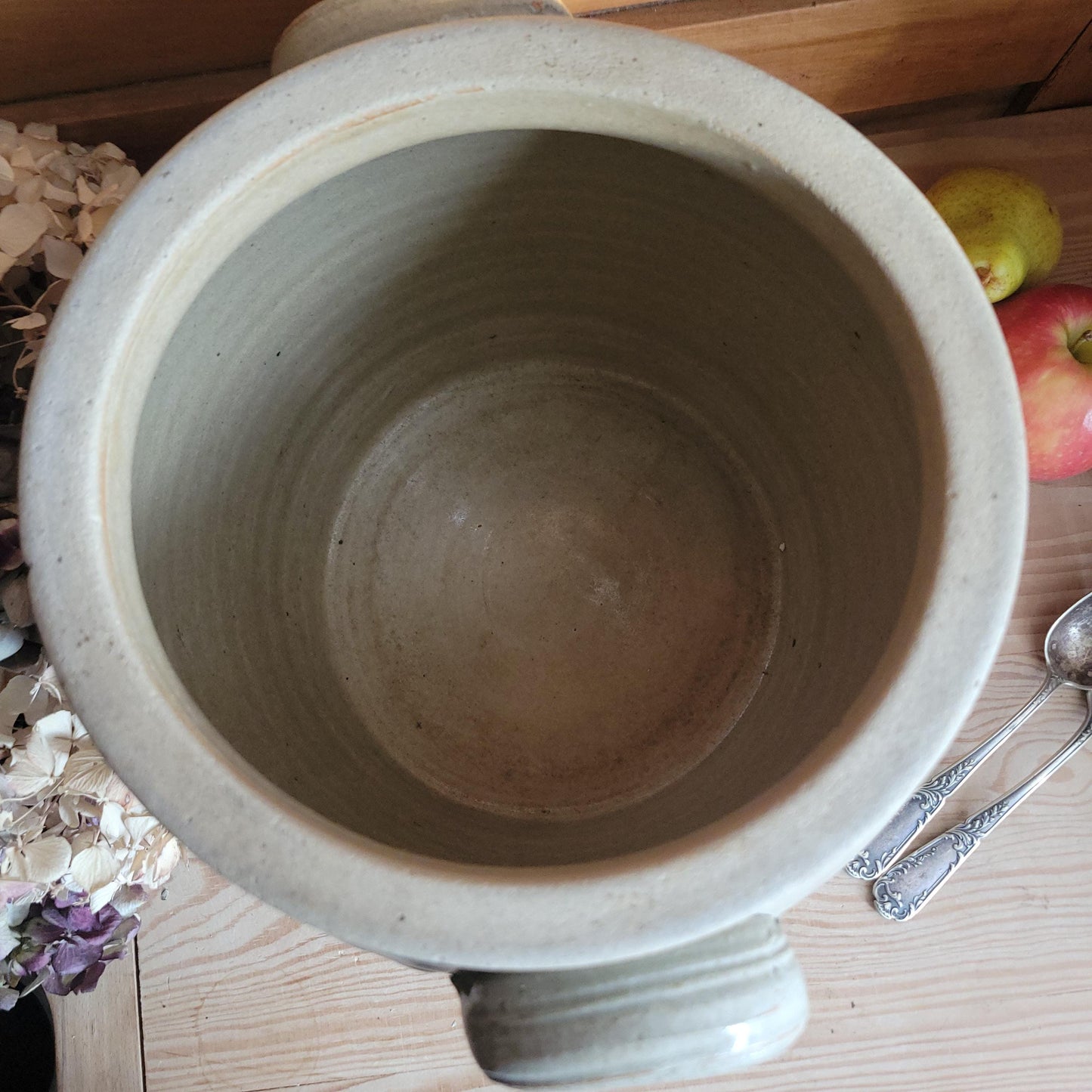 Very Large Ecru Greige Antique Confit Pot with Attached Handles, La Borne c.1900