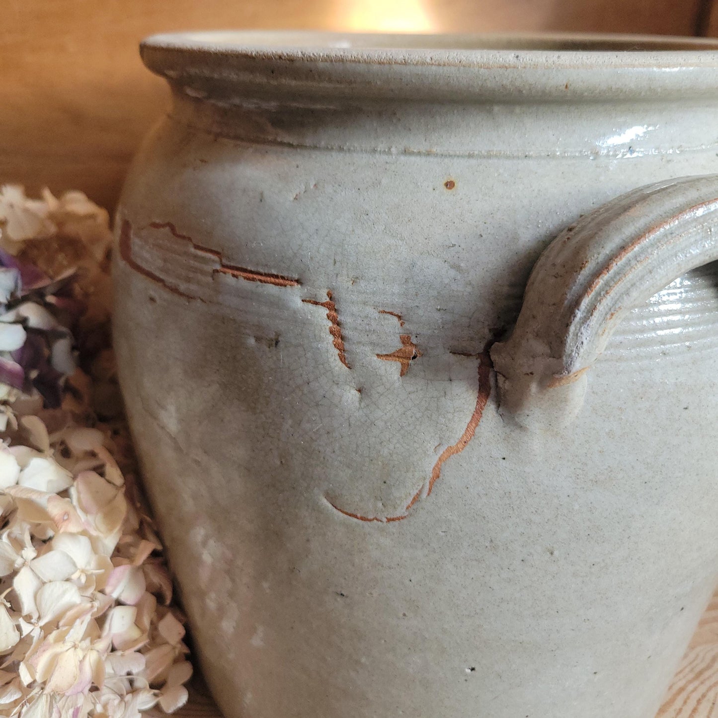 Very Large Ecru Greige Antique Confit Pot with Attached Handles, La Borne c.1900