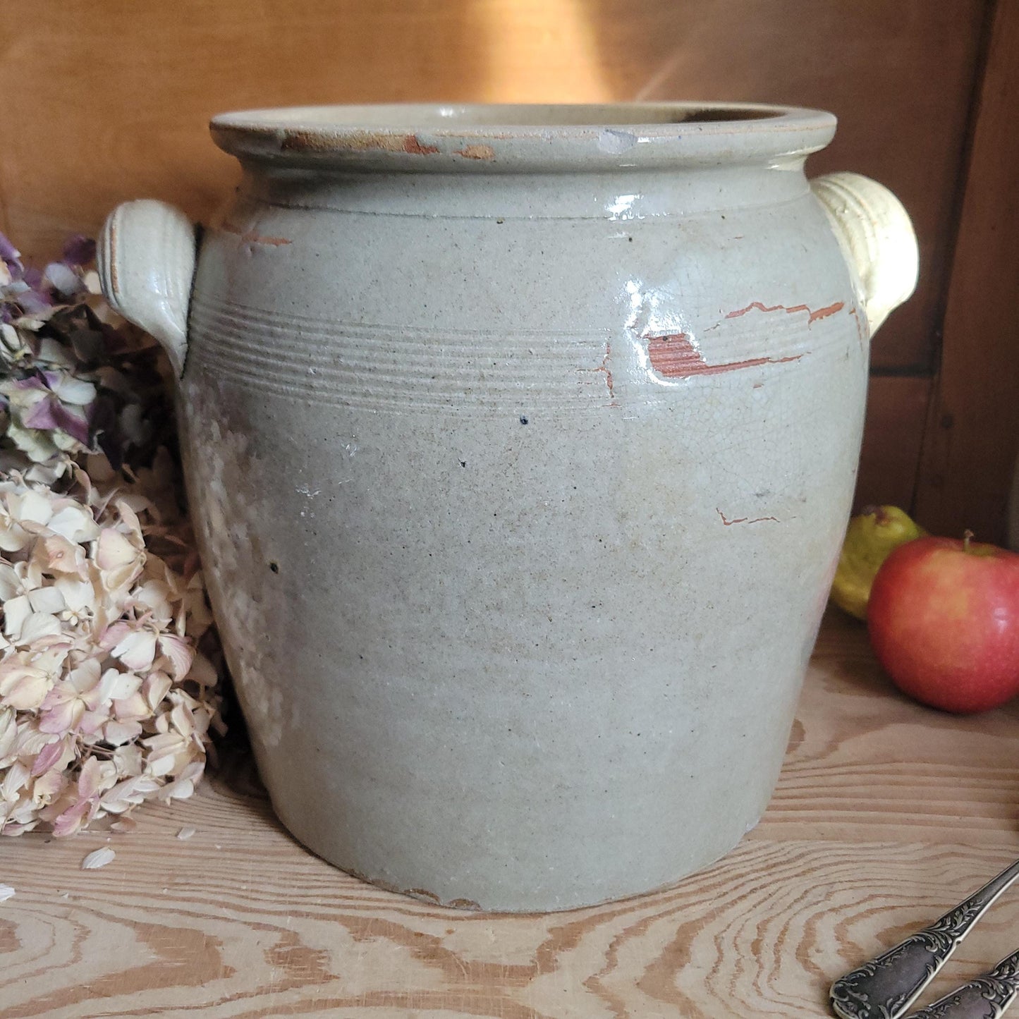 Very Large Ecru Greige Antique Confit Pot with Attached Handles, La Borne c.1900