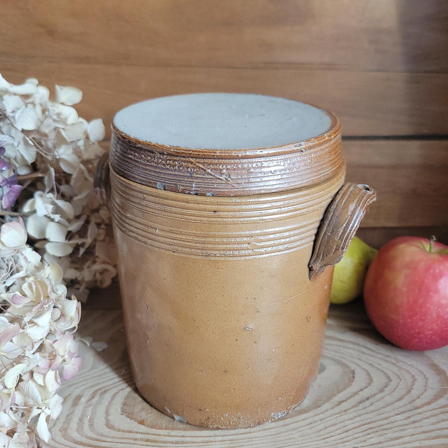 Straight-sided Cylindrical Confit Pot with Lid, Mid Brown Glaze, Saint-Amand-en-Puisaye c.1920