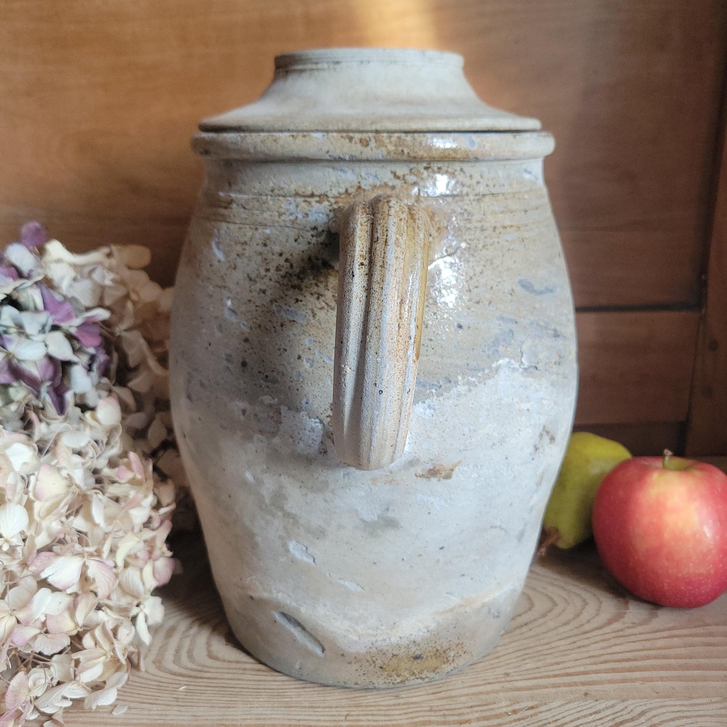 Antique Confit Pot, Two-Handled Ecru Stoneware with Brown Glaze, La Borne c.1920