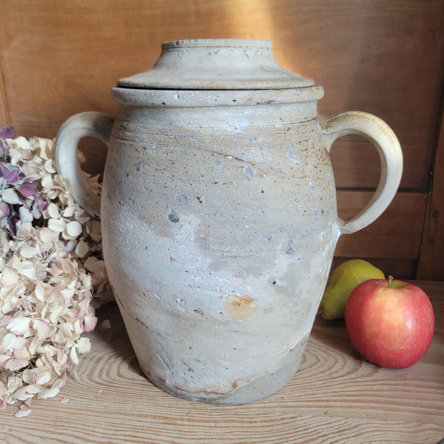 Antique Confit Pot, Two-Handled Ecru Stoneware with Brown Glaze, La Borne c.1920