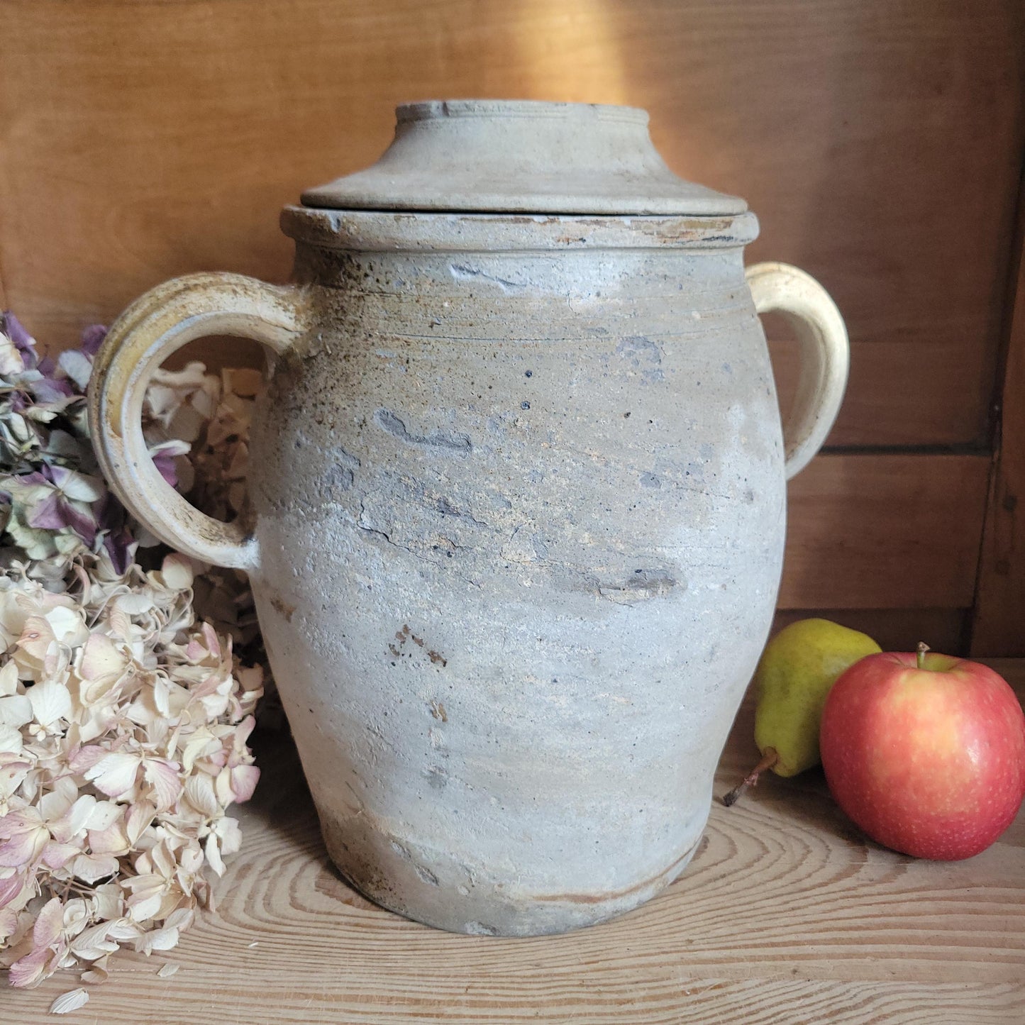 Antique Confit Pot, Two-Handled Ecru Stoneware with Brown Glaze, La Borne c.1920