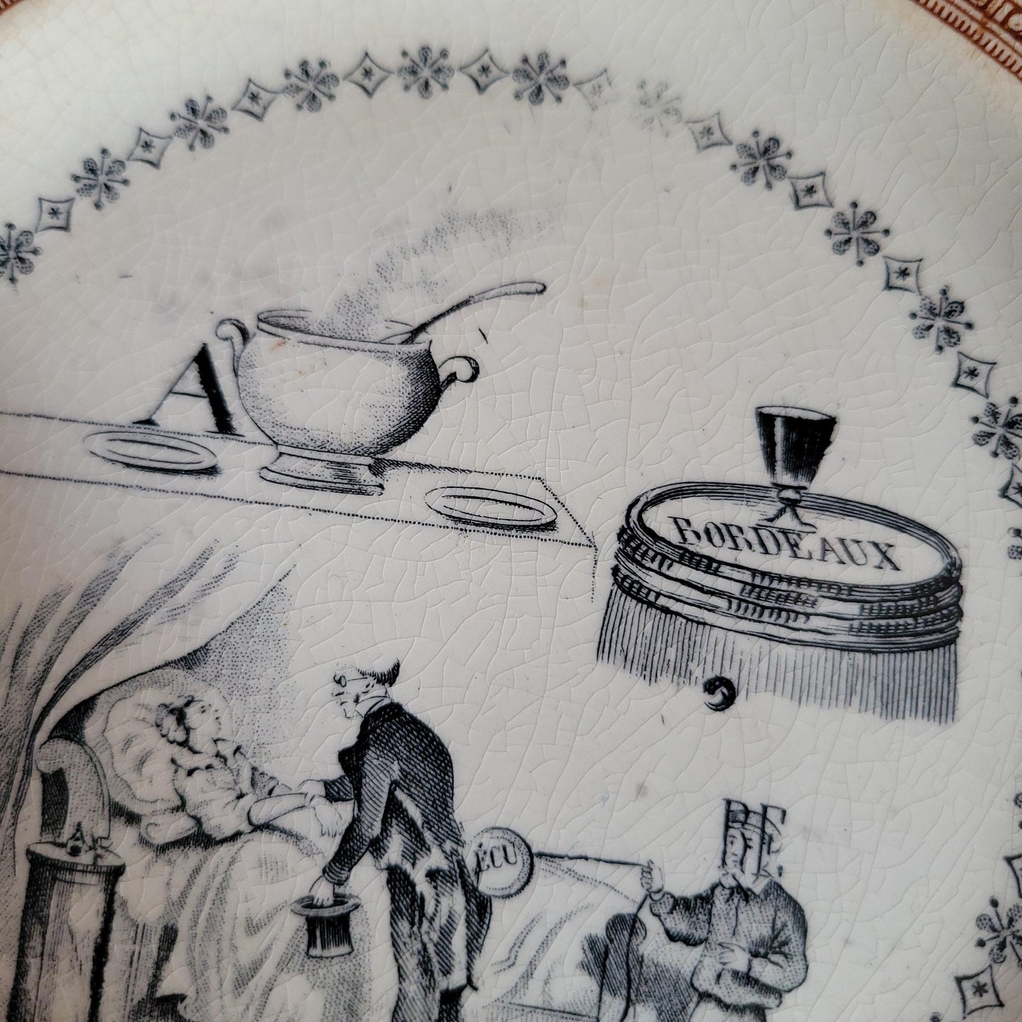 Set of Three Parlant Plates by Gien, Black and Brown Transferware with Musical and Riddle Themes, France c.1880