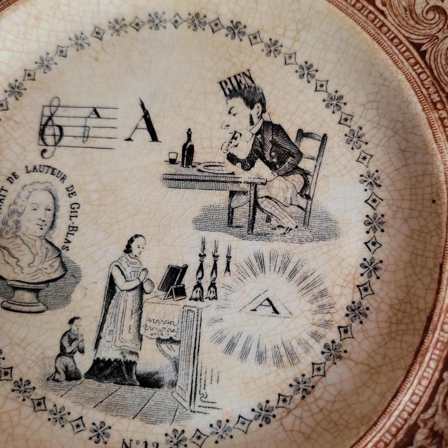 Set of Three Parlant Plates by Gien, Black and Brown Transferware with Musical and Riddle Themes, France c.1880