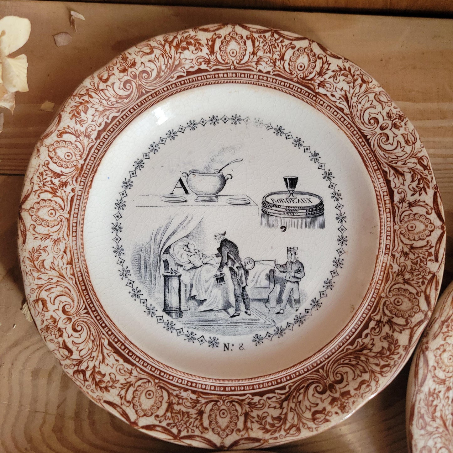 Set of Three Parlant Plates by Gien, Black and Brown Transferware with Musical and Riddle Themes, France c.1880