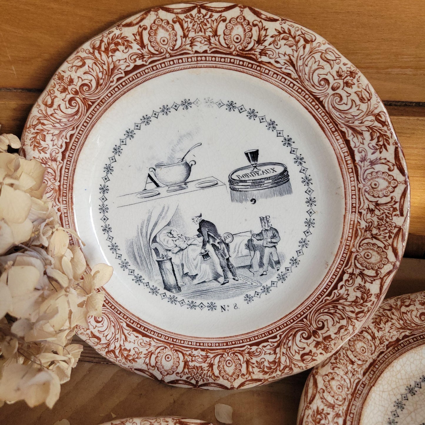 Set of Three Parlant Plates by Gien, Black and Brown Transferware with Musical and Riddle Themes, France c.1880