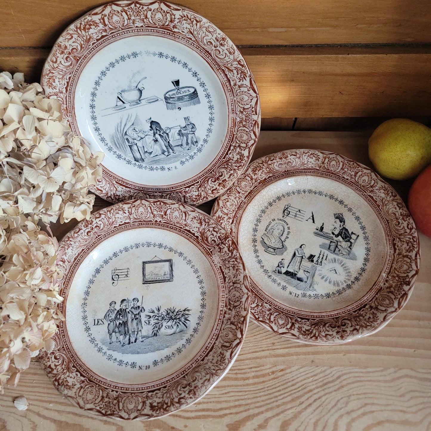 Set of Three Parlant Plates by Gien, Black and Brown Transferware with Musical and Riddle Themes, France c.1880