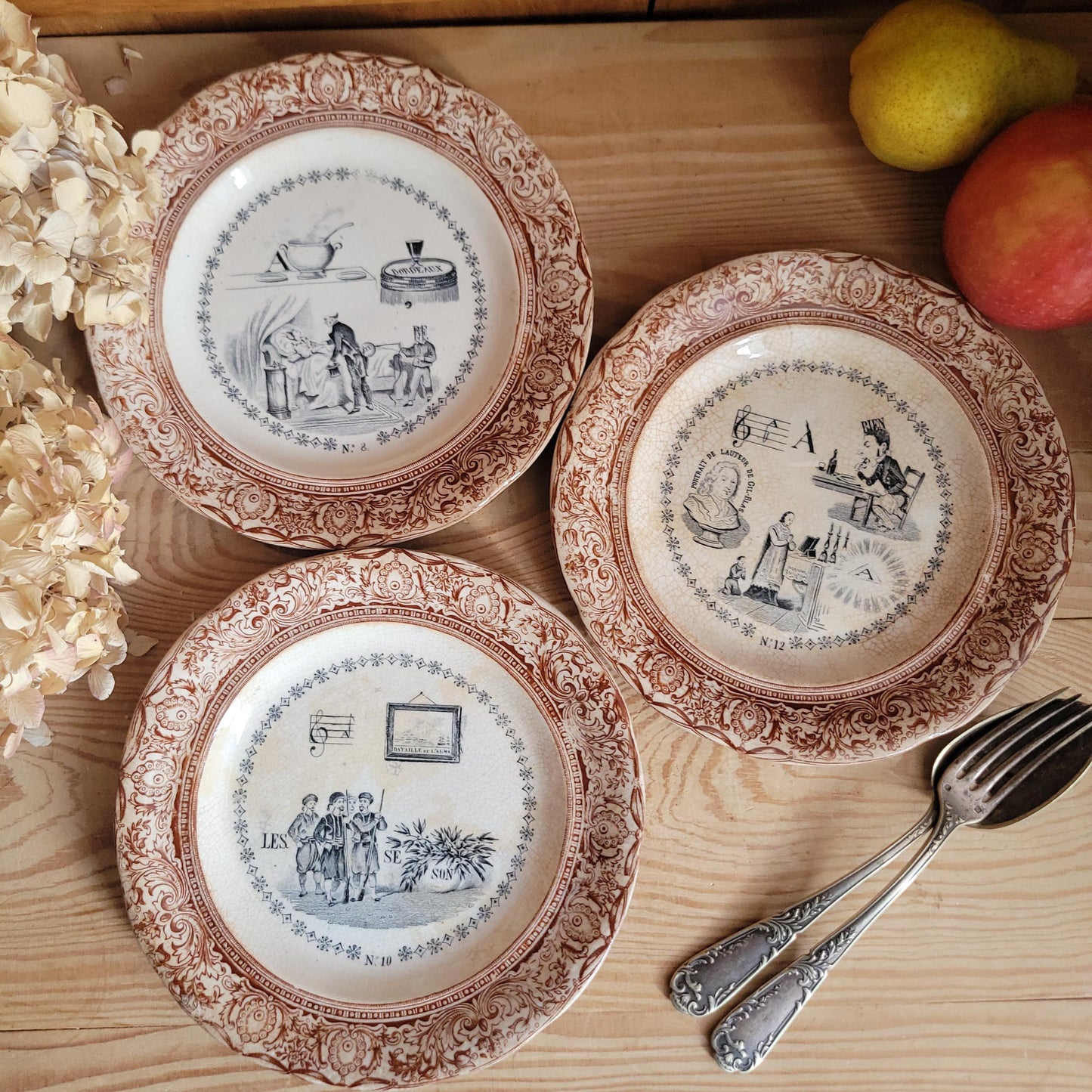 Set of Three Parlant Plates by Gien, Black and Brown Transferware with Musical and Riddle Themes, France c.1880