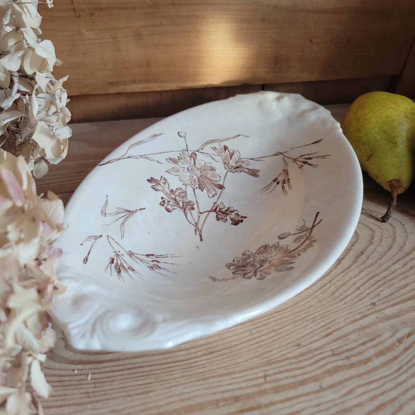 Antique Brown Transferware Oval Ravier Dish, Floral Design, Onnaing, France c.1890
