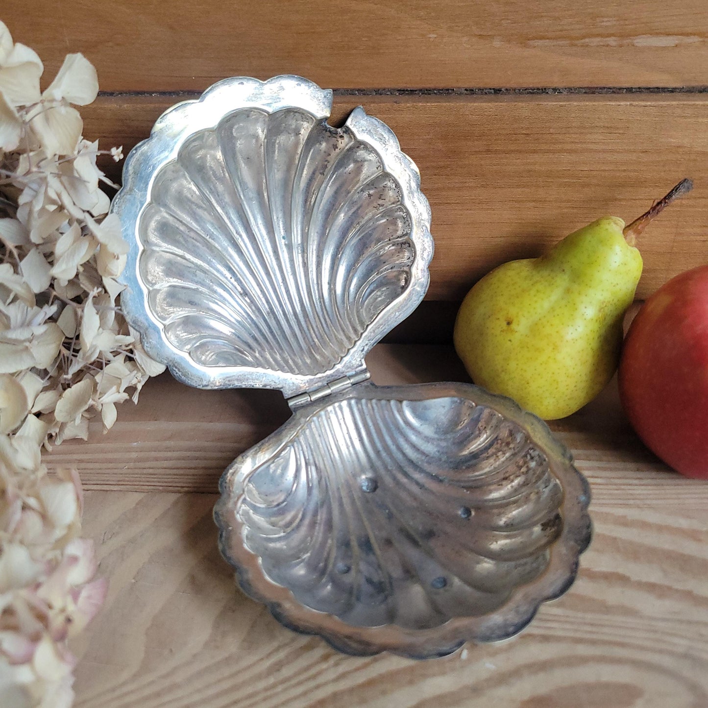 Small vintage scalloped-shaped butter dish with hinged lid France c 1950