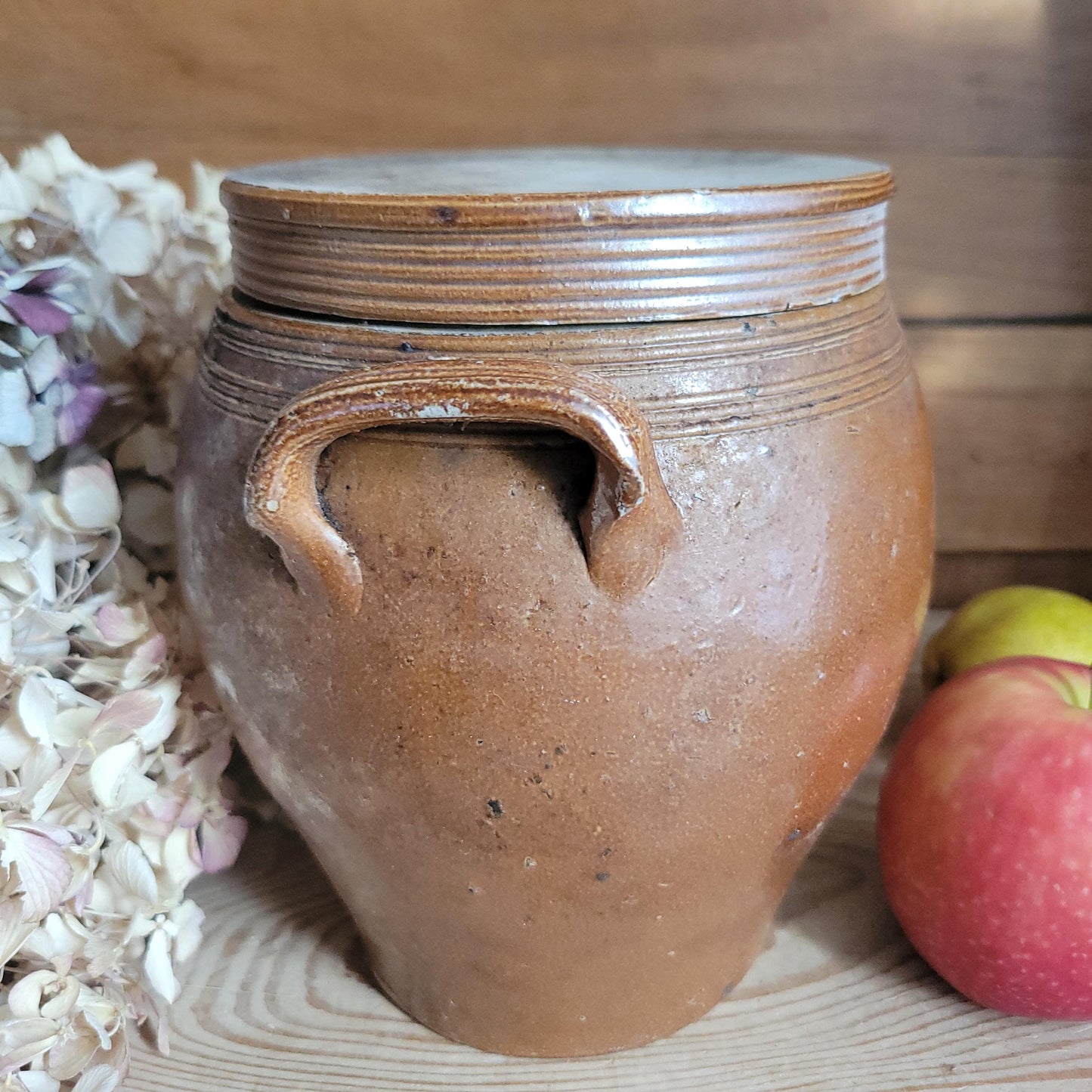 Antique Confit Pot with russet brown glaze and lid and tapered sides c.1910