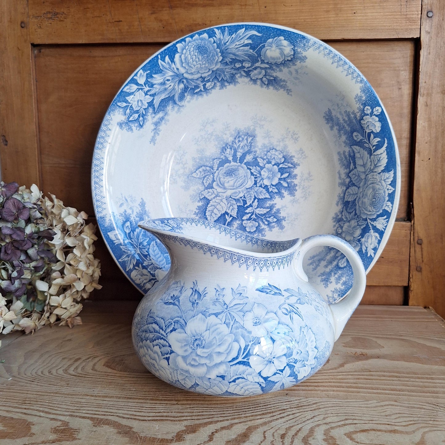 French antique blue Victorian transferware pitcher / water jug and basin in blue and white 'Jardiniere' by U&C Sarreguemines, France c1890