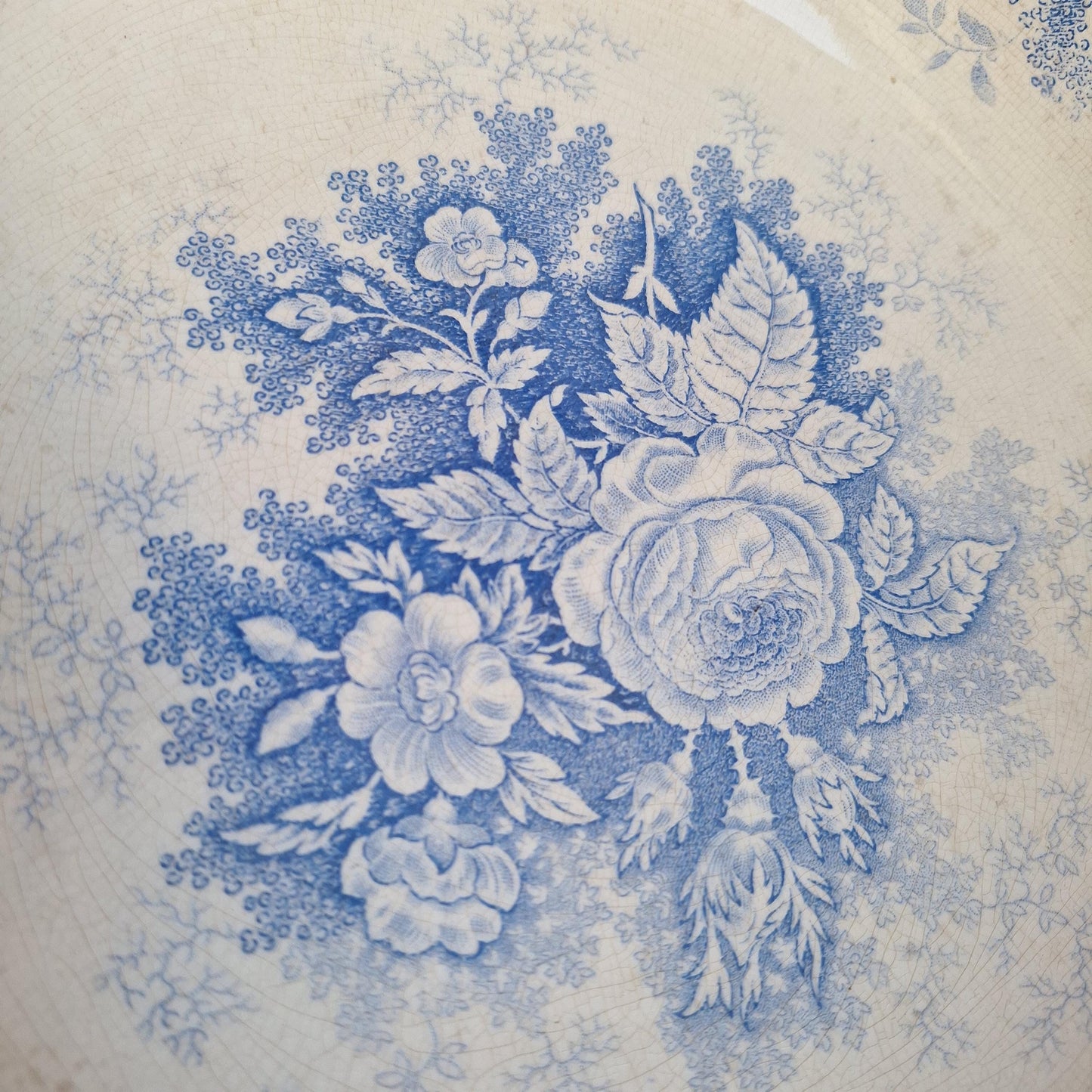 French antique blue Victorian transferware pitcher / water jug and basin in blue and white 'Jardiniere' by U&C Sarreguemines, France c1890