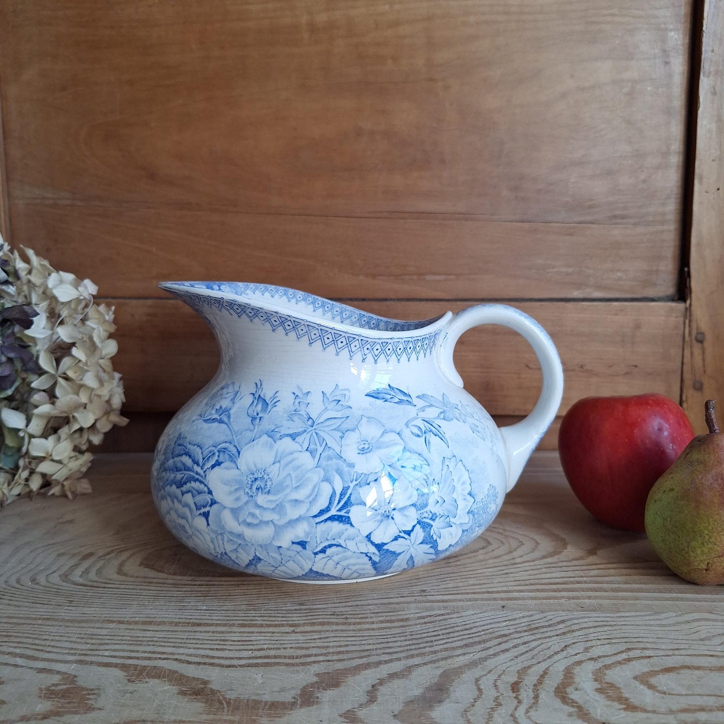 French antique blue Victorian transferware pitcher / water jug and basin in blue and white 'Jardiniere' by U&C Sarreguemines, France c1890
