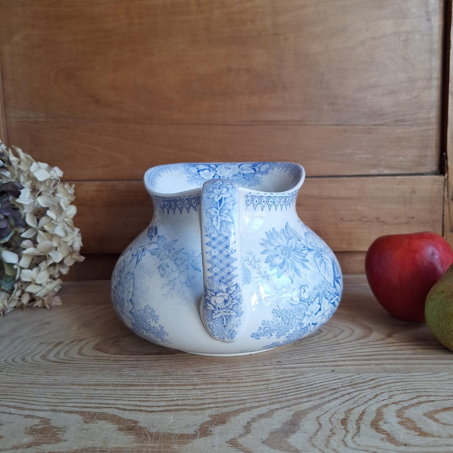 French antique blue Victorian transferware pitcher / water jug and basin in blue and white 'Jardiniere' by U&C Sarreguemines, France c1890