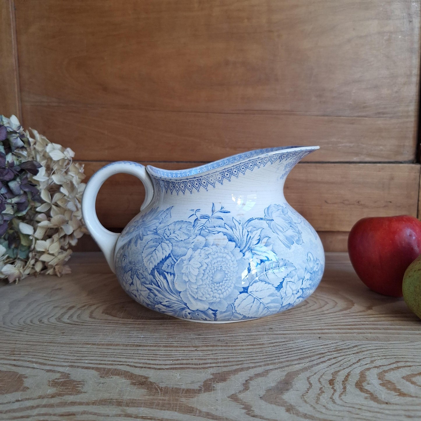 French antique blue Victorian transferware pitcher / water jug and basin in blue and white 'Jardiniere' by U&C Sarreguemines, France c1890
