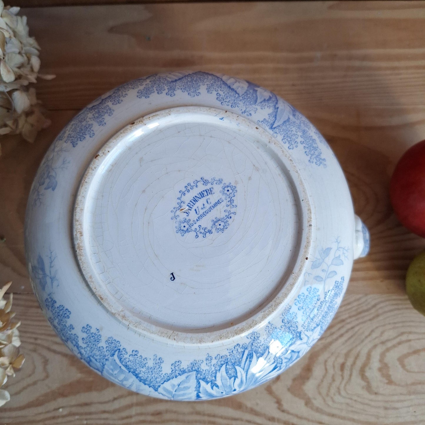 French antique blue Victorian transferware pitcher / water jug and basin in blue and white 'Jardiniere' by U&C Sarreguemines, France c1890