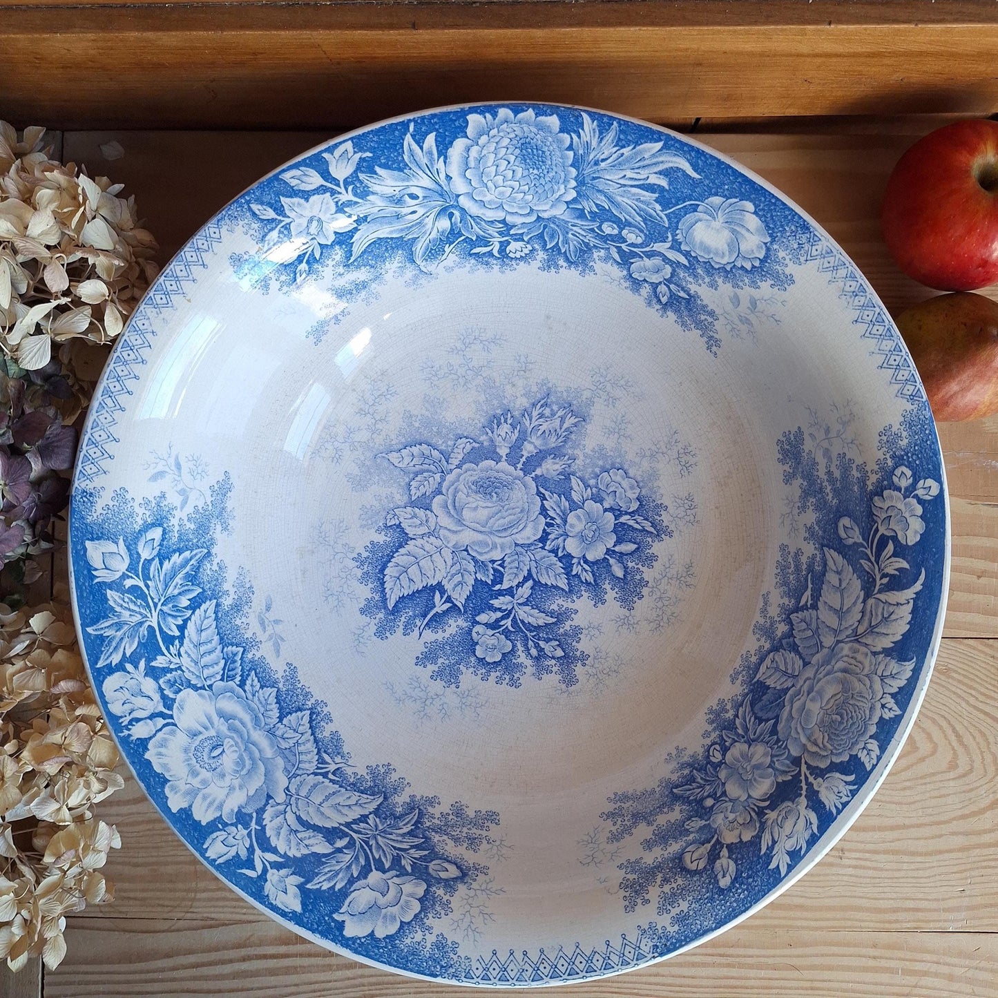 French antique blue Victorian transferware pitcher / water jug and basin in blue and white 'Jardiniere' by U&C Sarreguemines, France c1890