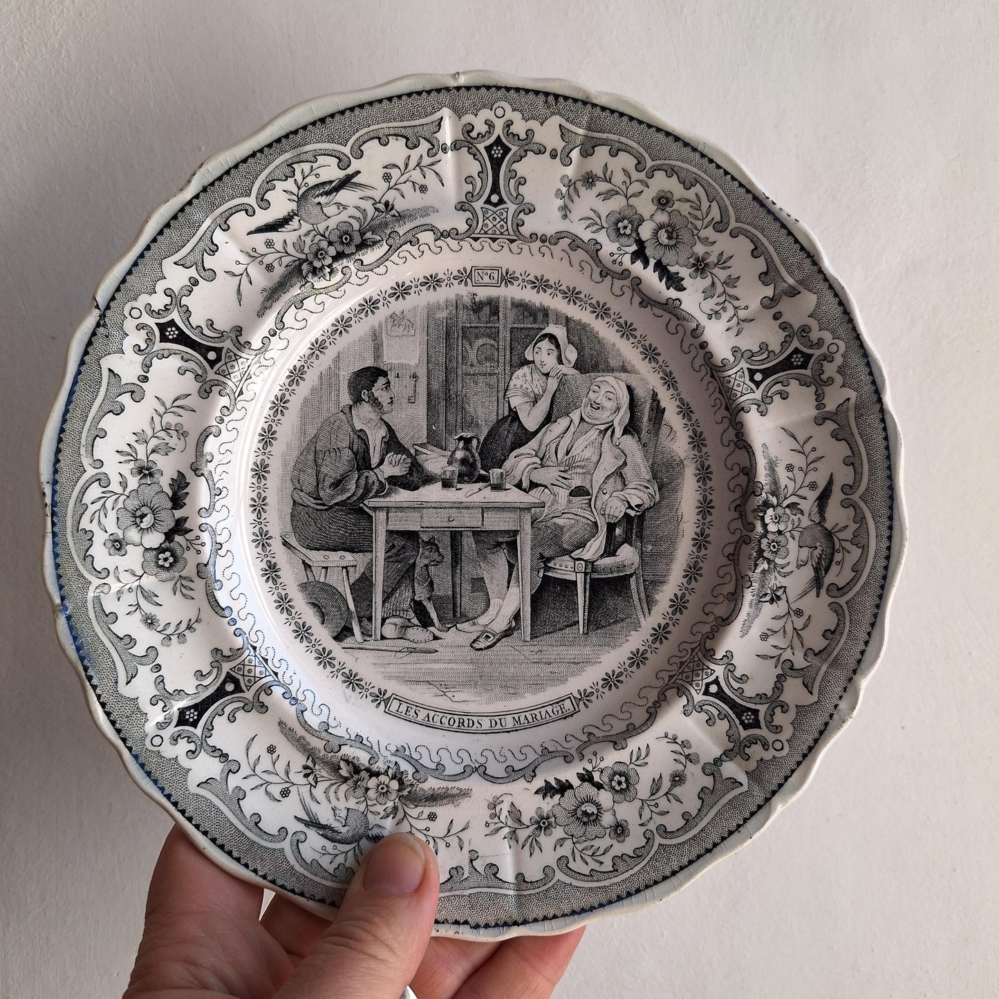 Vintage black & white marriage theme antique French 'talking plate' c1840-60 ironstone transferware, Creil et Montereau, France.